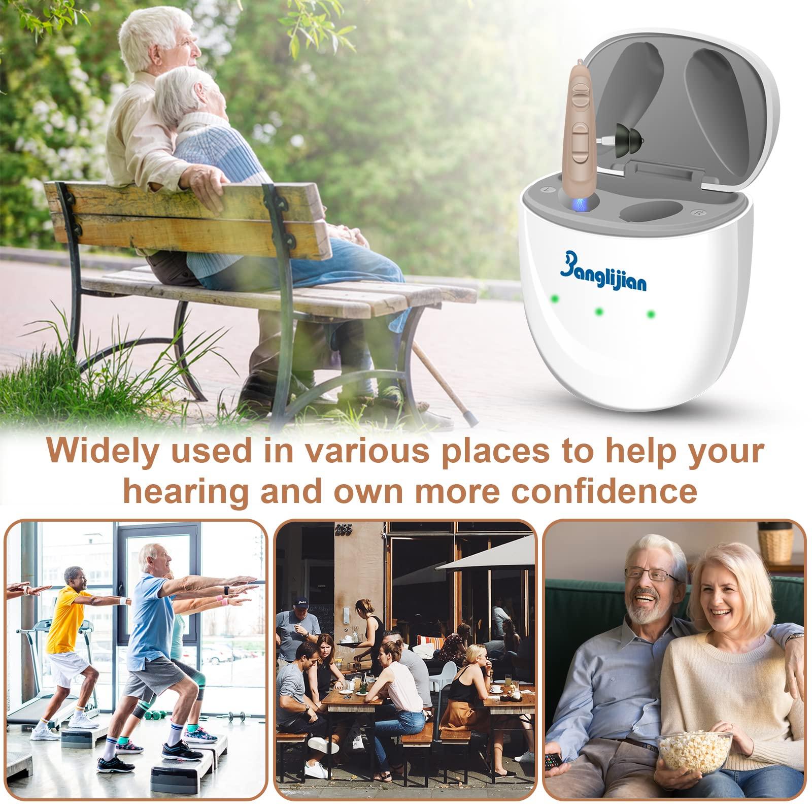 Banglijian Banglijian Hearing Aids Rechargeable RIC Hearing Aids for Seniors Adults, 12 Channels Hearing Aid with Magnetic Contact Charging Box Digital Noise Cancelling and Feedback Cancellation (Left Side, Beige)