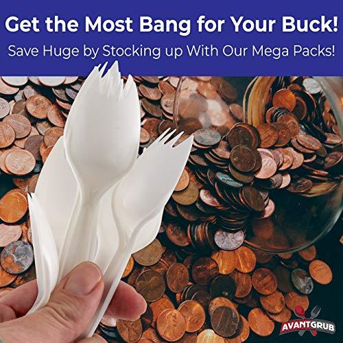 Avant Grub BPA-Free White Disposable Sporks 100 Pk. Recyclable, Eco-Friendly and Kid-Safe 2-in-1 Utensils Built Strong to Last Large Meals. Great for School Lunch, Picnics or Restaurant and Party Supply