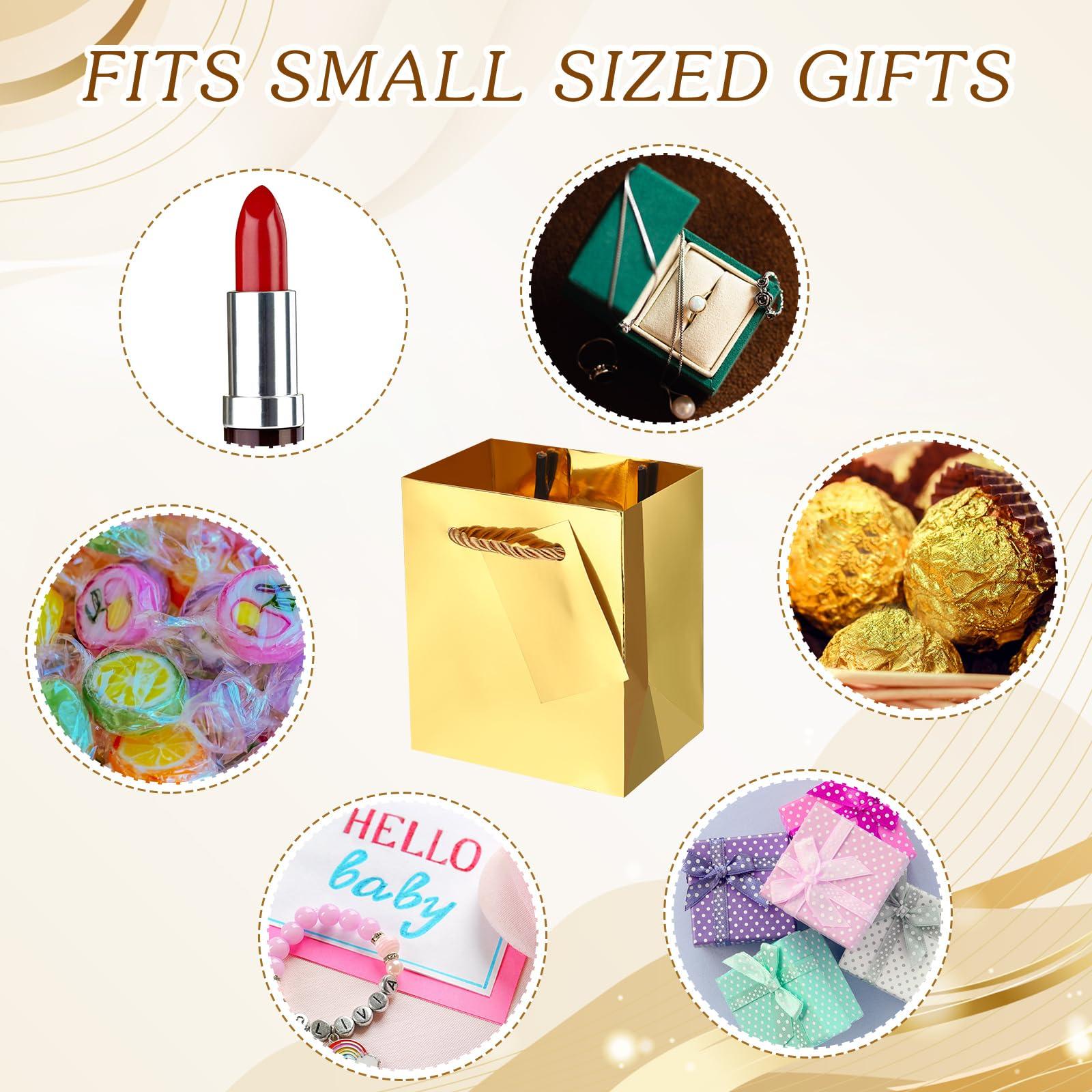 Nuanchu Nuanchu 50 Pcs Mini Gift Bags Bulk, 4 x 2.75 x 4.5 Inch Paper Bags with Gift Tags, Extra Small Metallic Paper Totes with Handles for Birthday Weddings Baby Showers Party Favors Gifts (Gold)