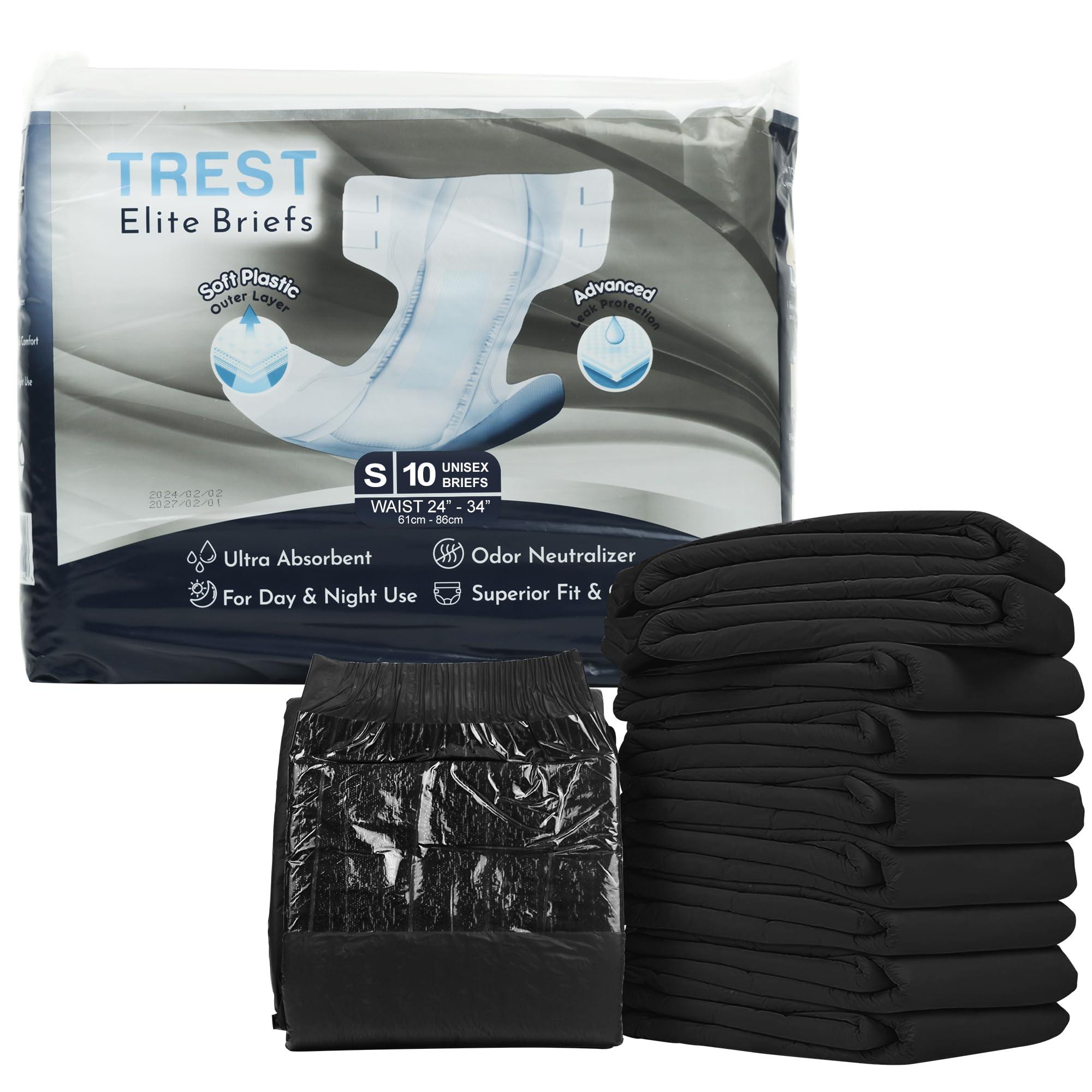 Trest Trest Elite Briefs for Men and Women, Overnight Diapers for Incontinence, Elite Absorbency, Comfortable, Odor Neutralizing and Secure Fit with 2 Wide Tabs - Black, Small (Pack of 10)
