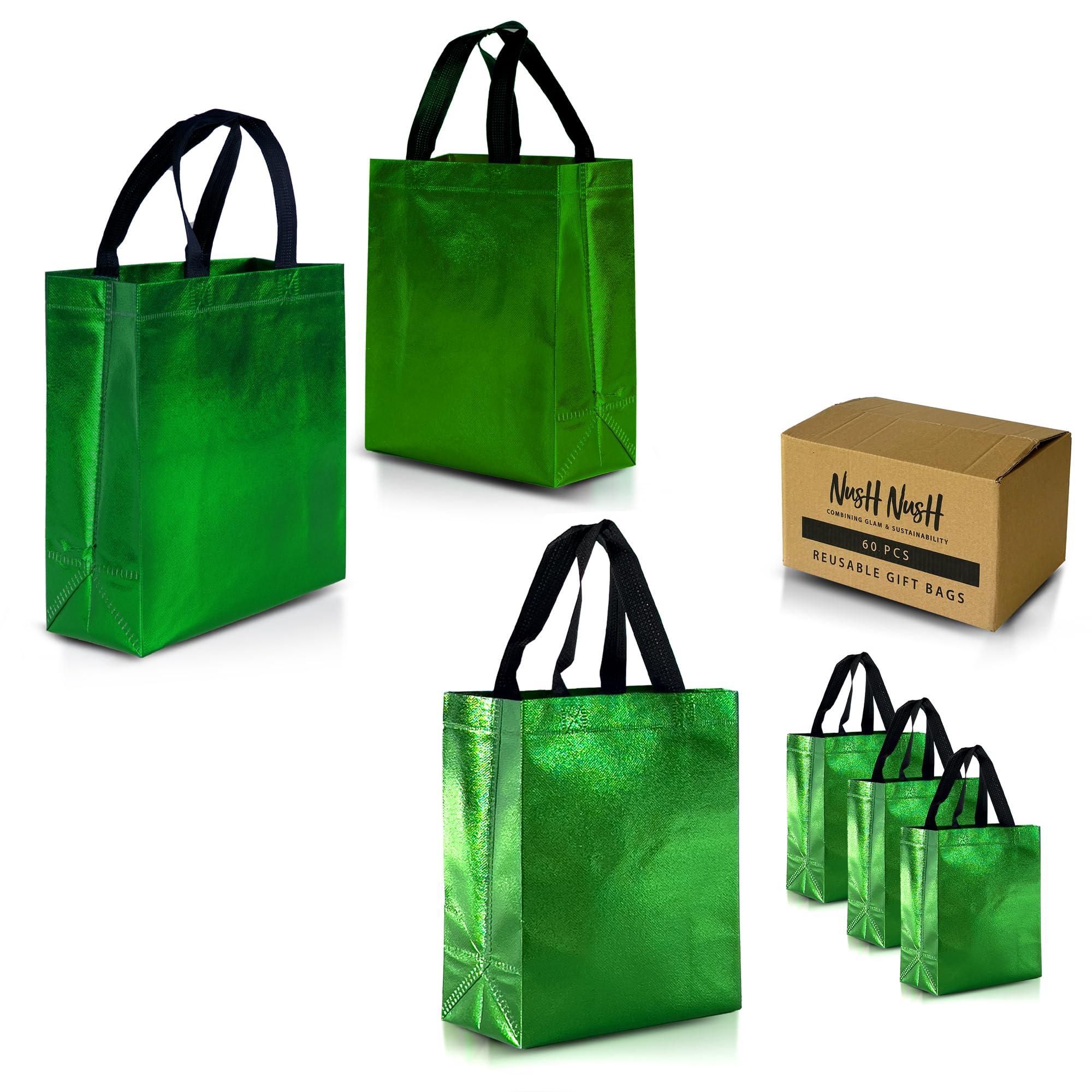 Nush Nush Nush Nush Green Gift Bags Medium Size Set of 12 & 60 Shiny Green Reusable Gift Bags With a Glossy Finish - Perfect As Goodie Bags With Handles, Christmas Gift Bags, Party Favor Bags 8Wx4Dx10H Size