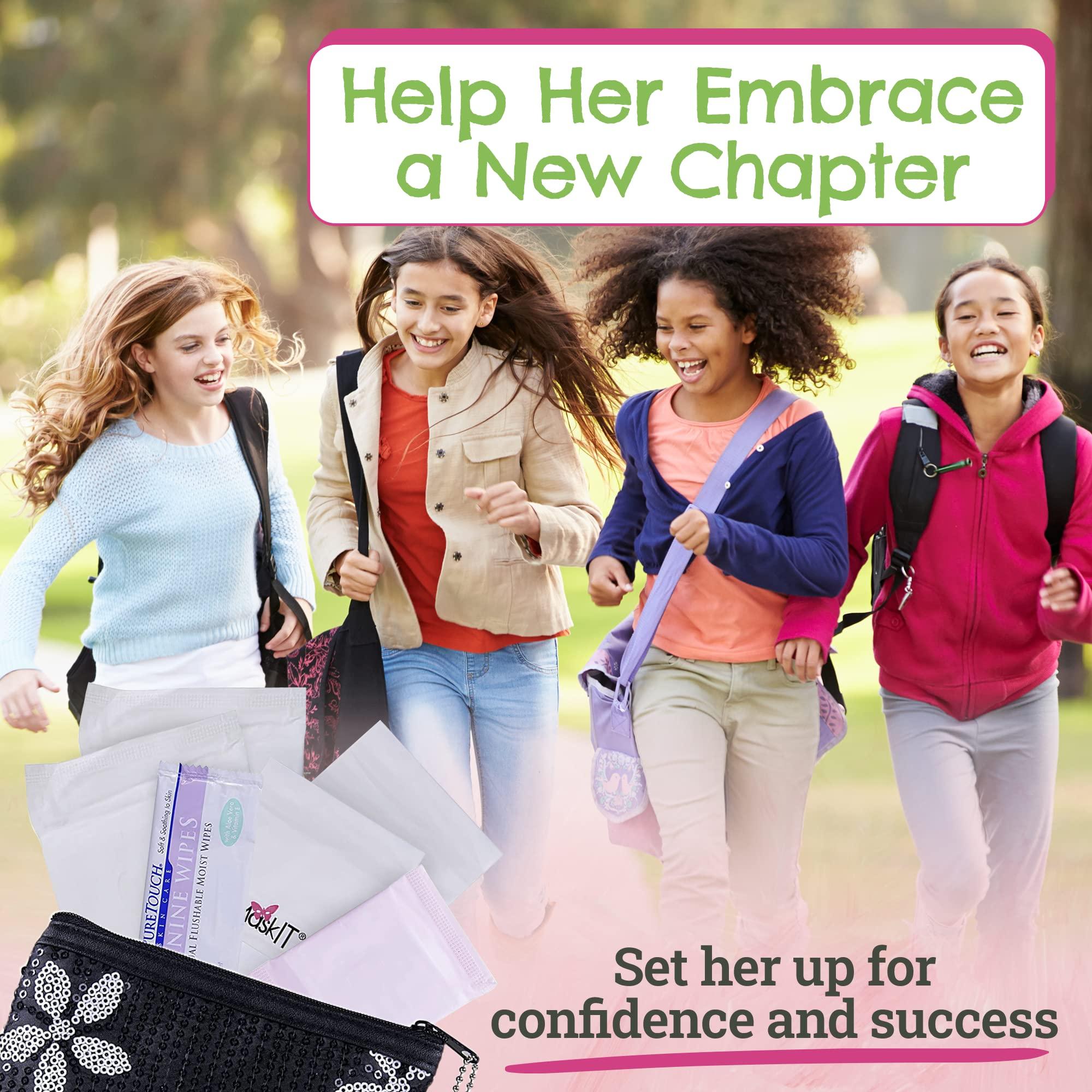 Be Prepared. Period. First Period Kit To-go! - Organic Biodegradable Tween Pads & Liner - Period Bags for Teen Girls for School - Period Pouch & Teen Pads for Girls Ages 11-14, Teen Pads for Periods - Pads for Teens Girls