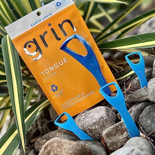 Grin GRIN Tongue Cleaner, 32 Count, Disposable Tongue Cleaner, Hygienic Scraper, Recycled Plastic, Clean Tongue, Promote Fresh Breath, Includes Safe Fold- Back Tooth Pick (Pack of 2)
