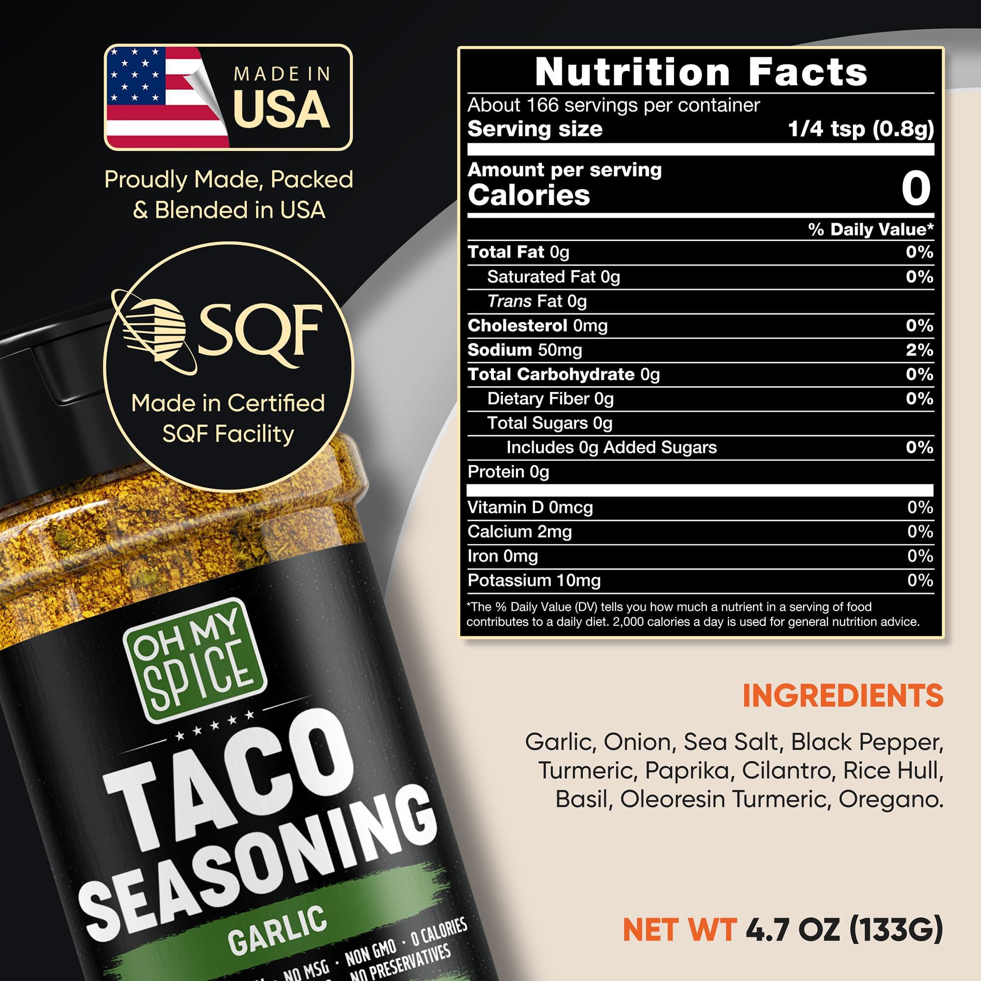 Oh My Spice Taco Seasoning Mix Garlic Powder - Gluten Free & Low Sodium Mexican Seasoning Blend for Taco Tuesday & Taco Night. Garlic and Herb Seasoning for Tacos & Fajita. Chicken & Fish Taco Toppings Mix. 4.7oz