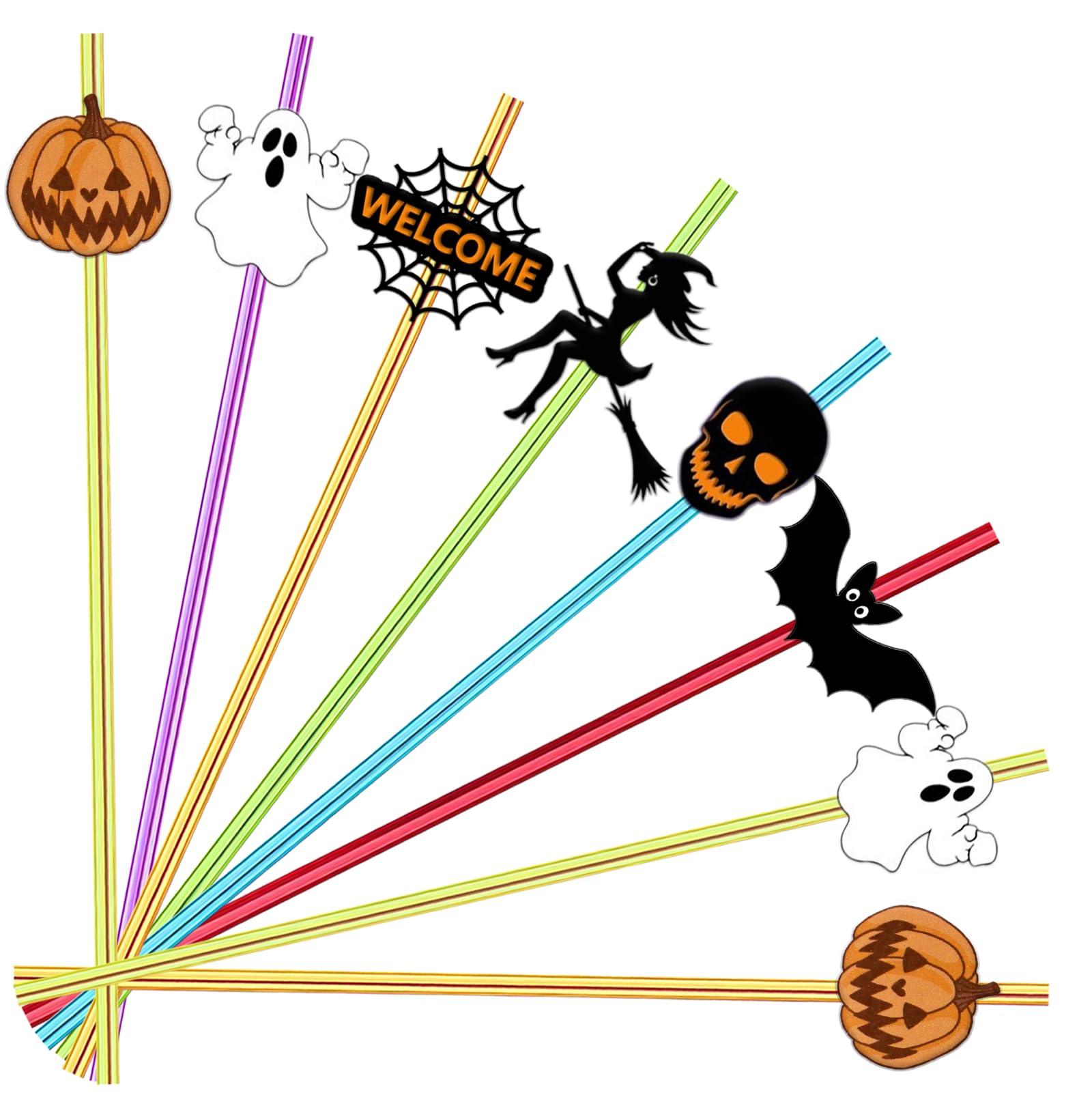 Meaxur MEAXUR 24 Pcs Halloween Party Favors Halloween Straws Reusable Plastic Crazy Straws Bats Pumpkin Witch Ghost Straws with 2 Cleaning Brush for Kids Halloween Party Supplies Birthday Decoration.(6Color)