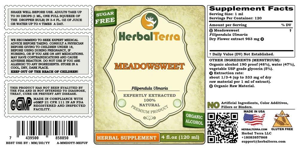 Herbal Terra LLC Meadowsweet (Filipendula Ulmaria) Tincture, Organic Dried Flowers Liquid Extract (Brand Name: HerbalTerra, Proudly Made in USA) 4 fl.oz (120 ml)