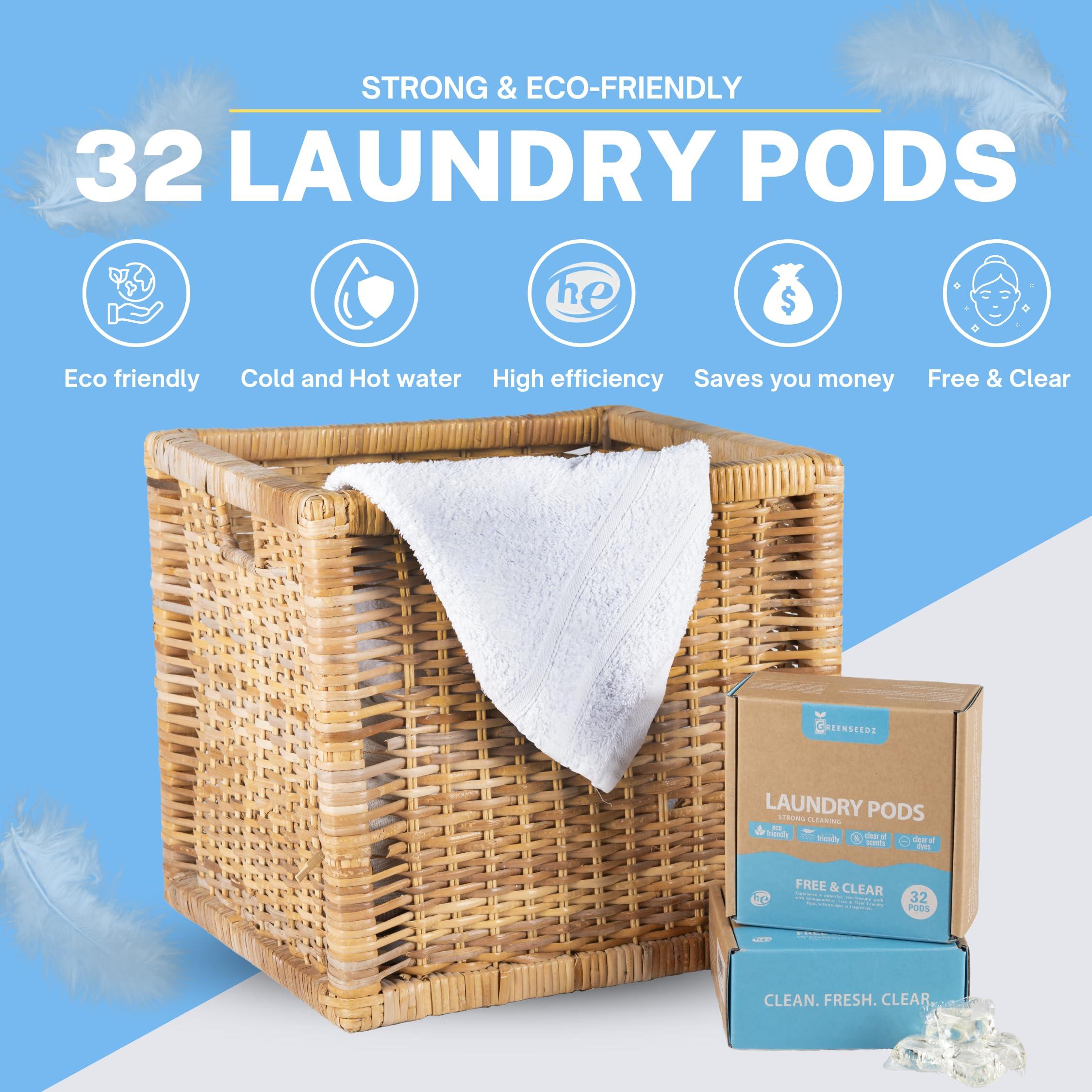 Greenseedz Greenseedz Free And Clear Eco Friendly Unscented Laundry Detergent Pods, 32 Pacs, Powerful Stain And Odor Removal, Biodegradable and HE Compatible
