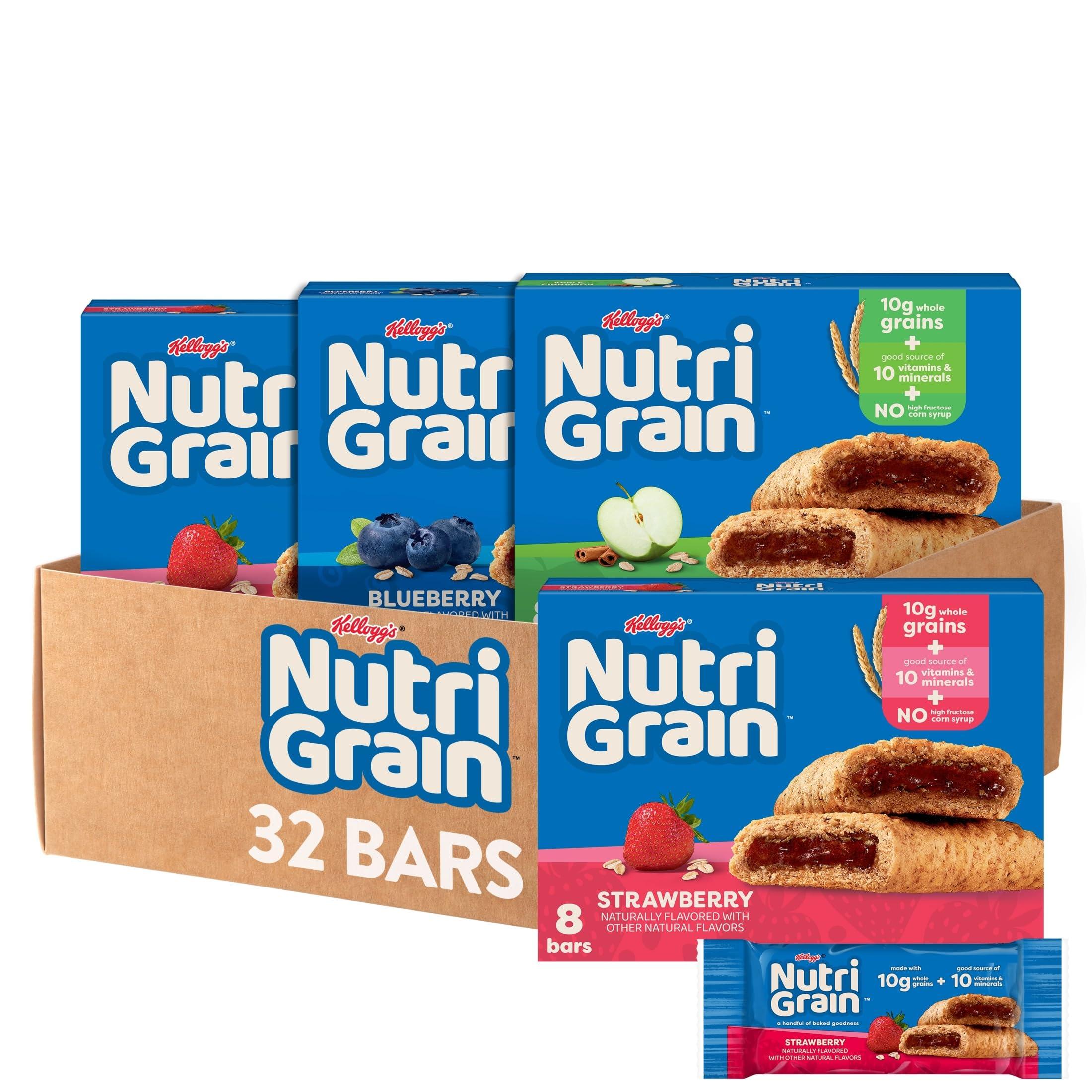 Nutri Grain Nutri-Grain Soft Baked Breakfast Bars, Made with Whole Grains, Kids Snacks, Variety Pack (4 Boxes, 32 Bars)