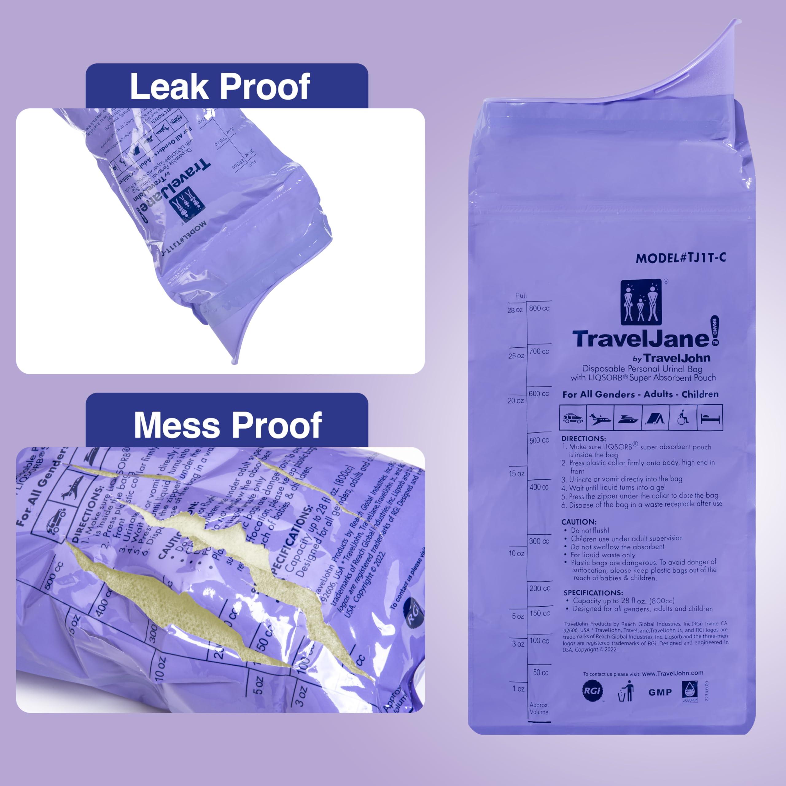 TravelJohn TravelJane Resealable Disposable Urinal for All Genders, Adults, and Children (6 Pack) Designed for Emergencies, Travel, Camping, Long Car Rides and More - 28oz/800ml Capacity (TJ1T-C)