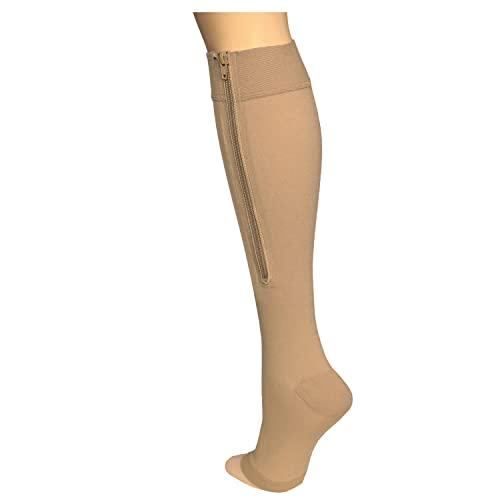 Truform Truform Zipper Compression Stockings, 15-20 mmHg Medical Socks, Women and Men, Knee High, Open Toe, Beige, Medium