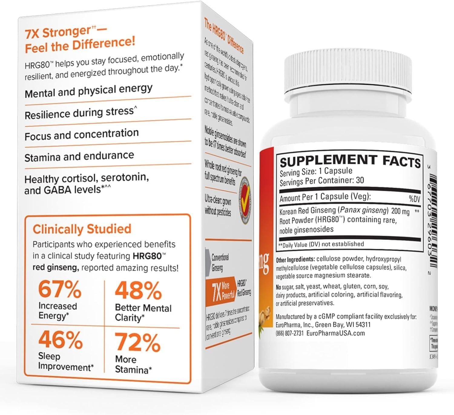 Terry Naturally Terry Naturally HRG80 Red Ginseng Energy - 30 Capsules - Red Ginseng Root Powder, Panax Ginseng, HRG80 - Non-GMO, Vegan, Gluten Free 30 Servings