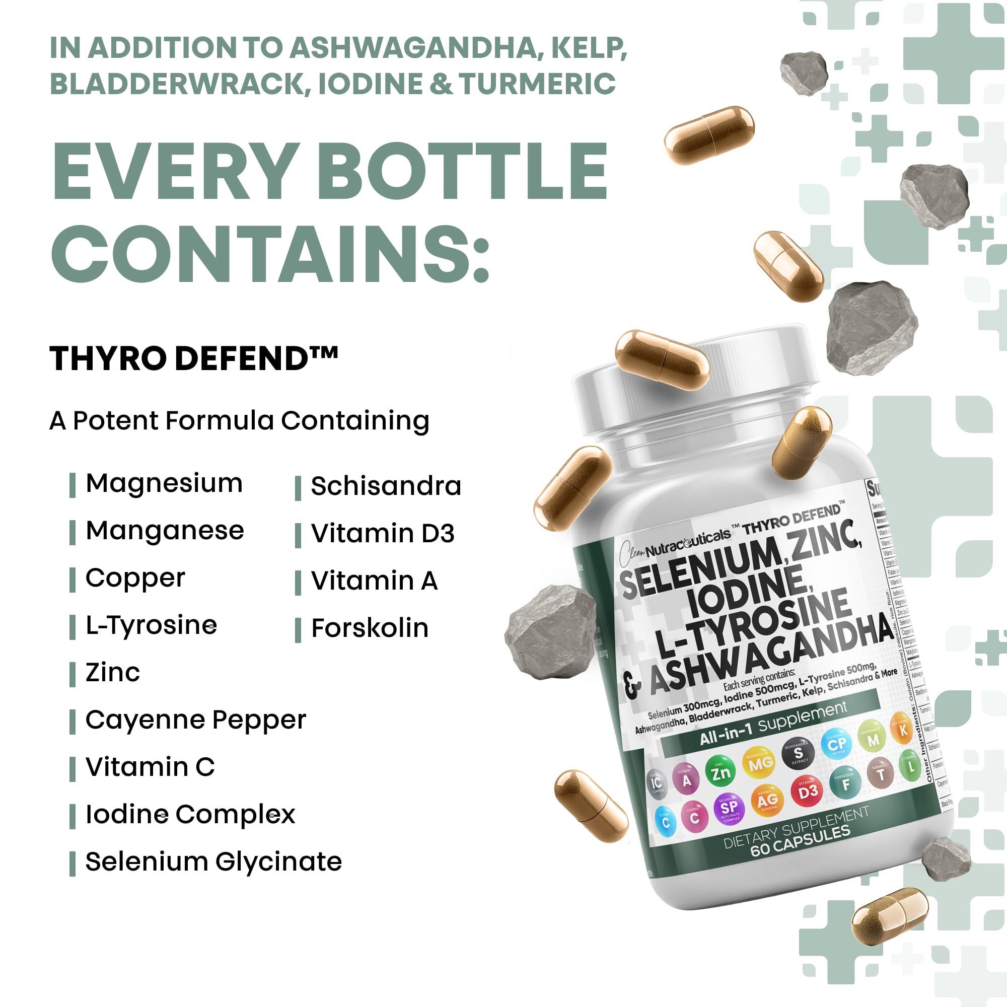 Clean Nutraceuticals Clean Nutra Selenium 300mcg Iodine 500mcg Thyroid Support for Women & Men | L Tyrosine 500mg Ashwagandha Supplement Bladderwrack, Turmeric, Kelp, Schisandra Zinc Pills Capsule Supplements