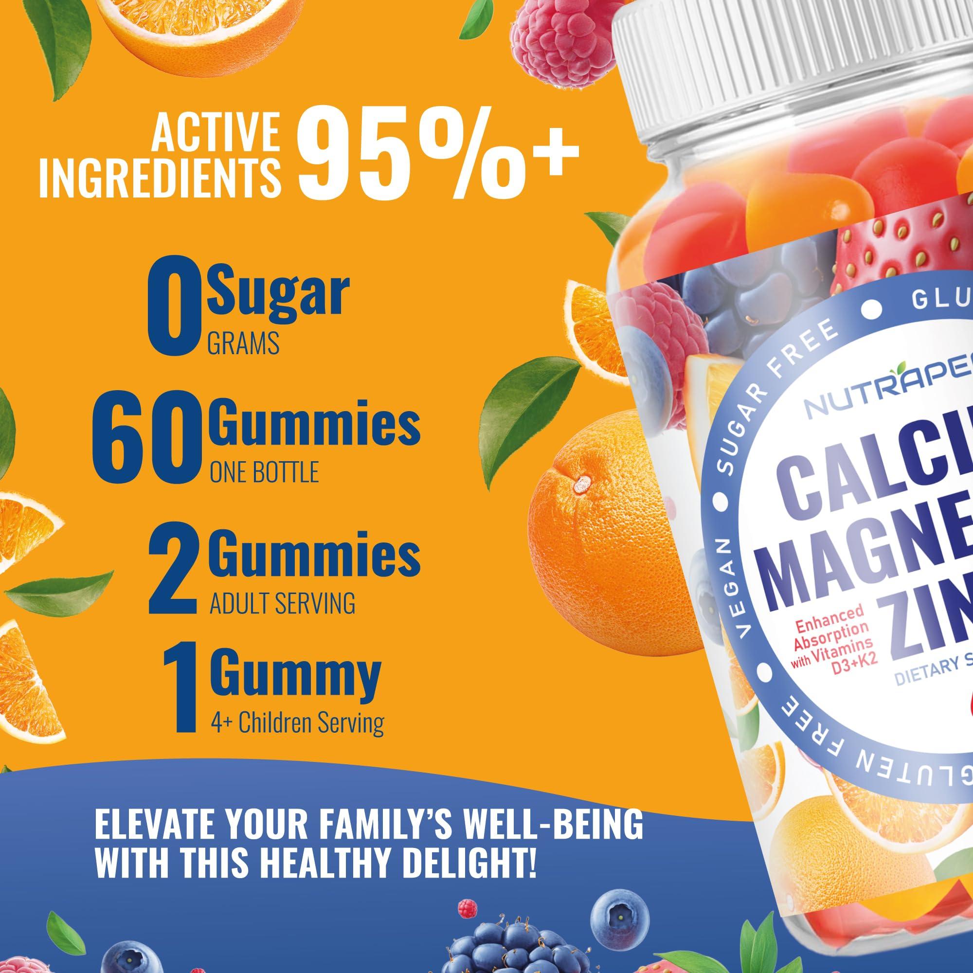 NutraPep Calcium Magnesium Zinc Supplement Gummies - with Vitamin D3 K2 Magnesium Glycinate - Orange Berry Flavored Vegan Sugar-Free Gluten Free Chewable for Men Women Kids