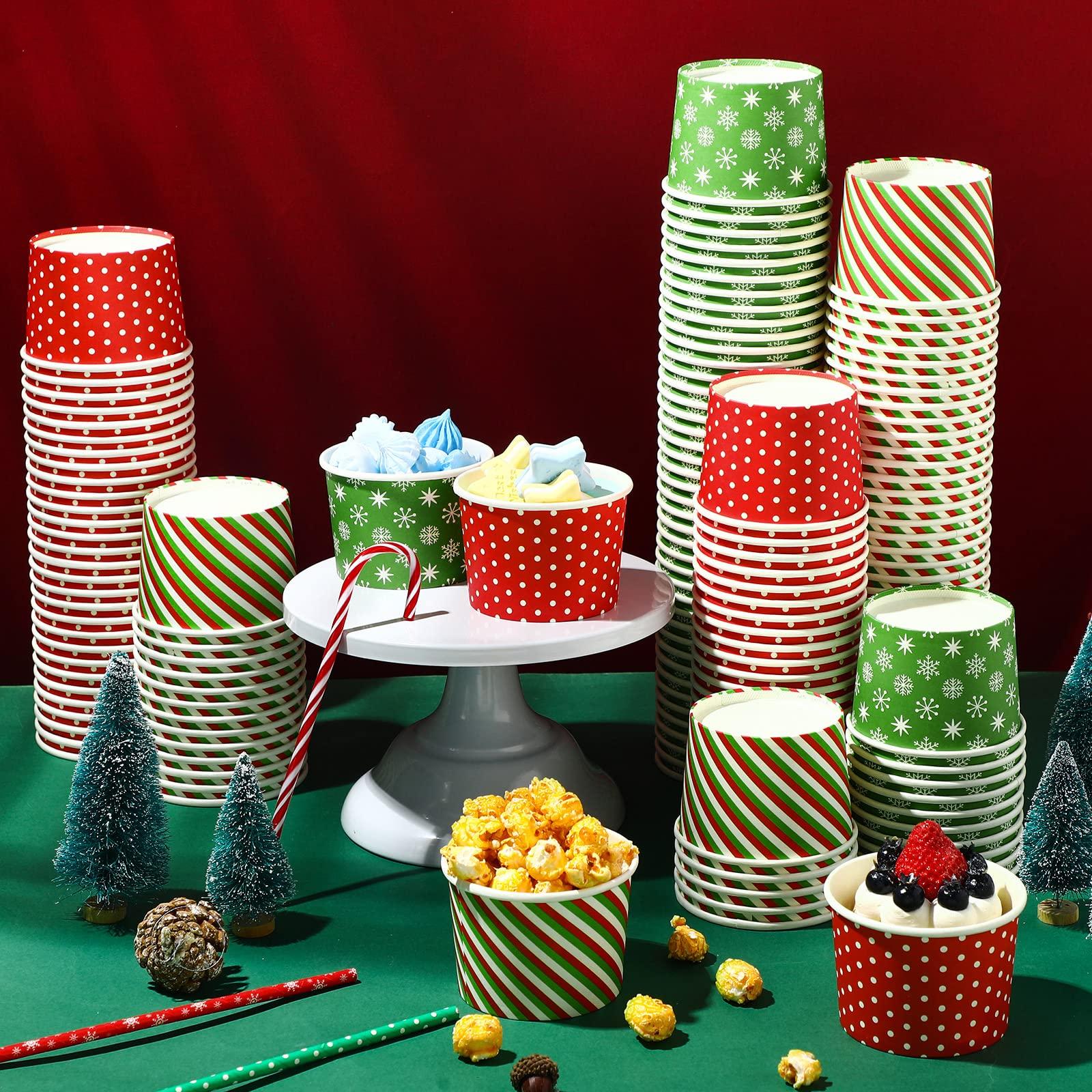 Potchen Potchen 9 oz Christmas Paper Ice Cream Cups Xmas Disposable Dessert Bowls Snack Cups Soup Cups Polka Dot Snowflake Striped Paper Bowls for Hot or Cold Food Christmas Party Supplies(180 Pcs)