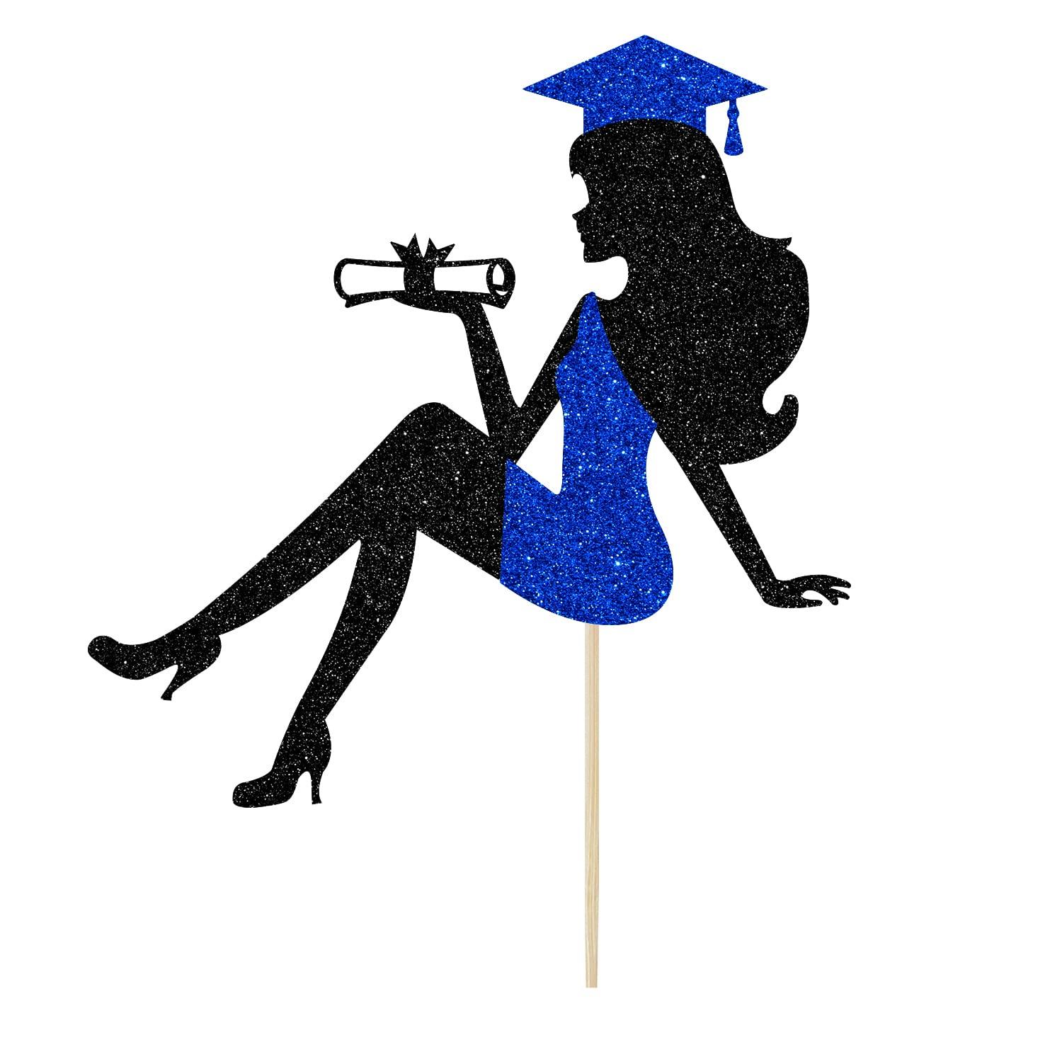 ALBESSULI Graduation Cake Topper 2023, Graduation Girl Cake Topper, Congrats Grad Girl Graduation Cake Decor, Girls Graduation Party Decorations, Black and Blue Glitter