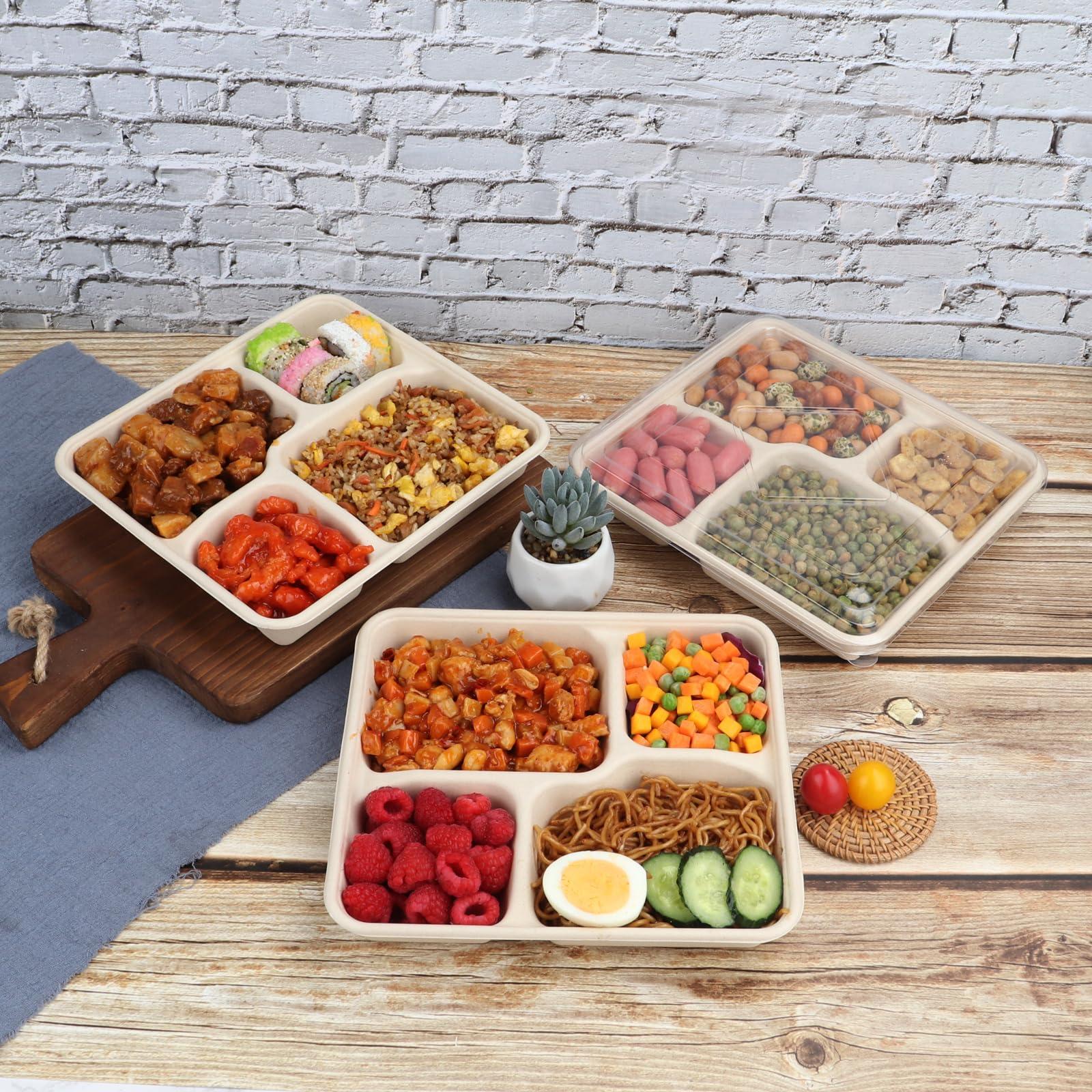 JAYEEY JAYEEY 37 OZ Sugarcane Fiber 4 Compartments disposable plates with Lids Bagasse Plant Fibers Freezer Safe 25 PACK