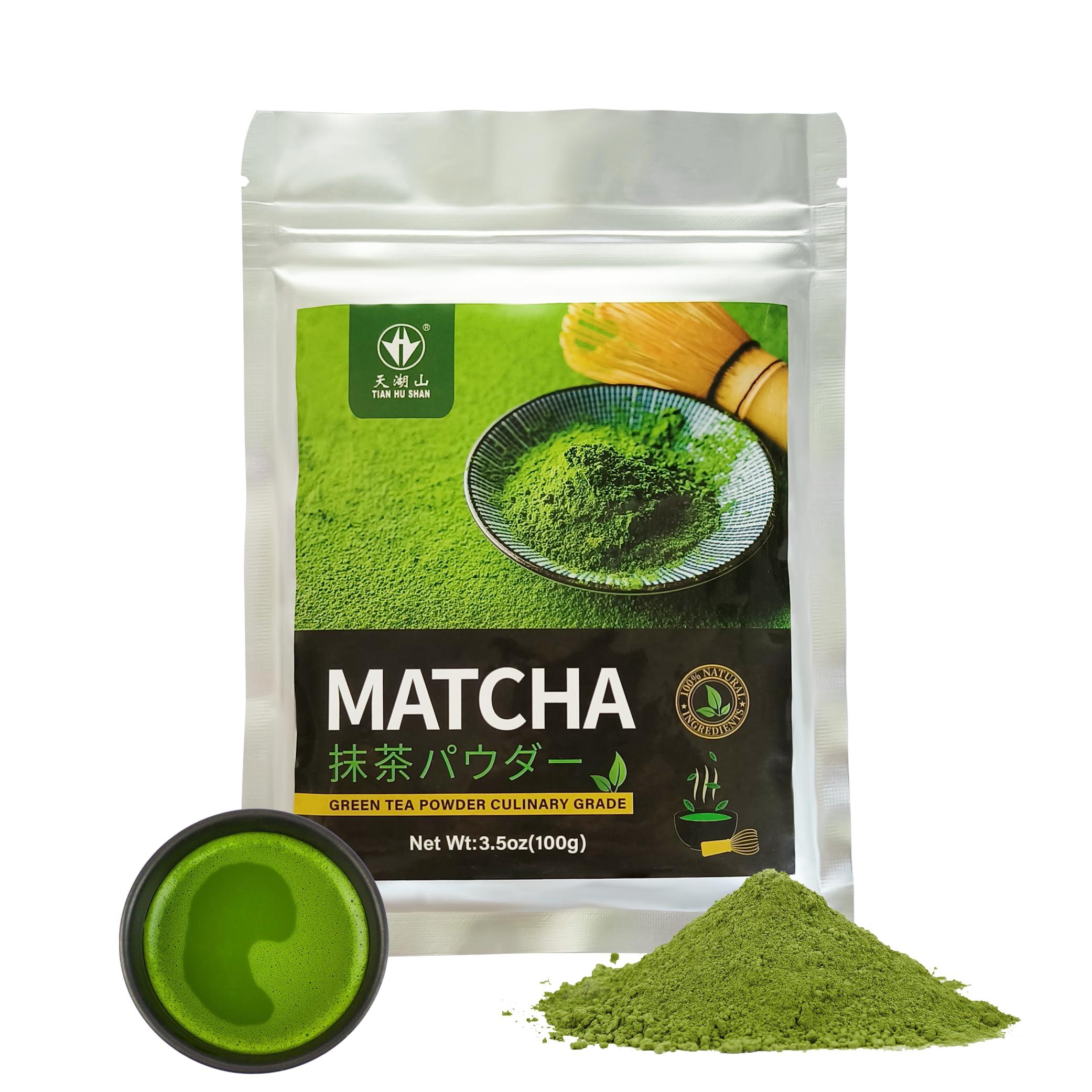 Tian Hu Shan TIAN HU SHAN Matcha Green Tea Powder 3.5oz/100g, Pure Matcha Powder Culinary Grade Unsweetened for Lattes, Cooking, Baking, Vegan 100% Natural
