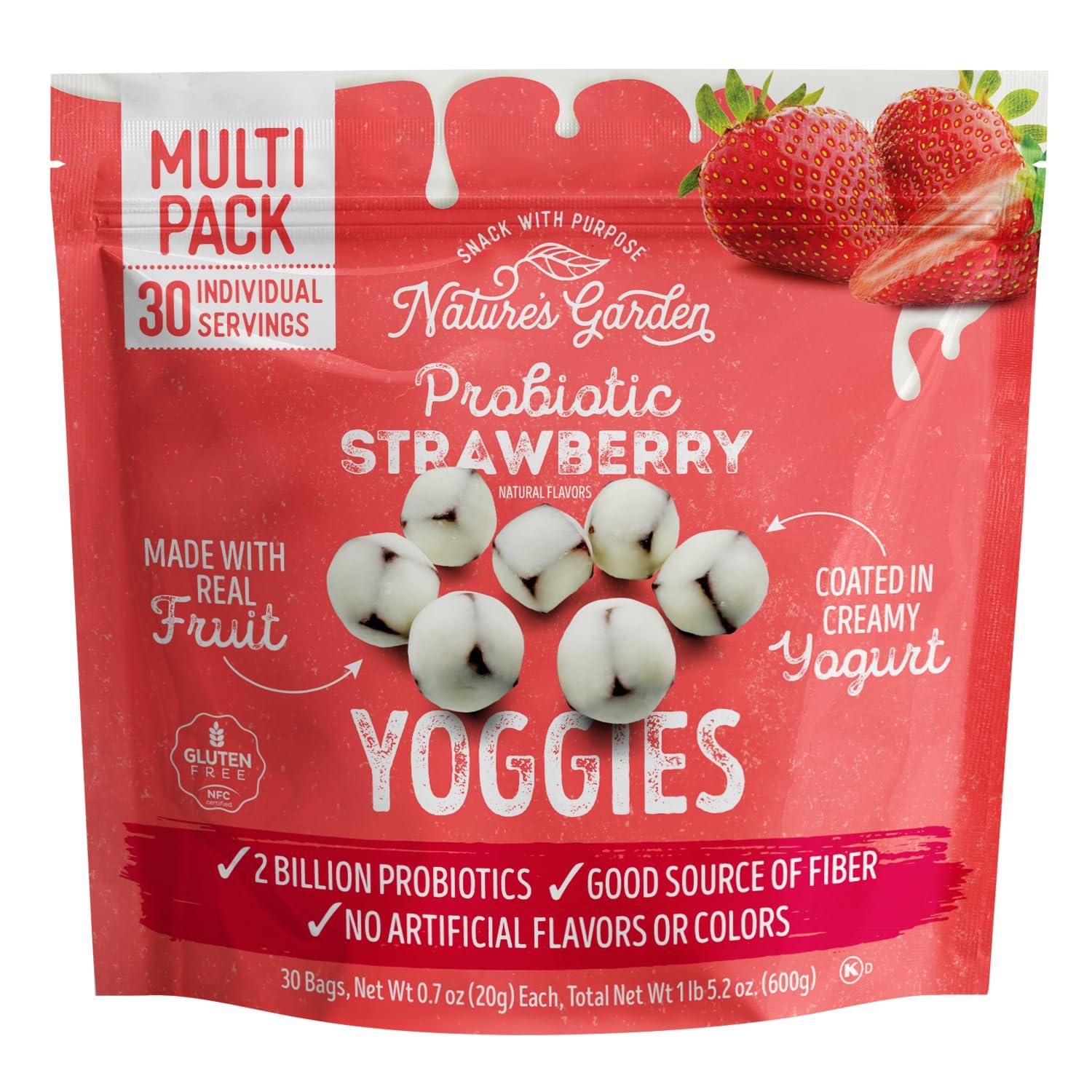 Nature's Garden Nature\'s Garden Probiotic Strawberry Yoggies, 21oz (30 x 0.7oz), Yoggie Bites Strawberry Strawberry Yogurt Covered Snack Pack, High Fiber, Delicious Real Fruit Pieces, No Artificial Ingredients, Healthy Snack for Adults