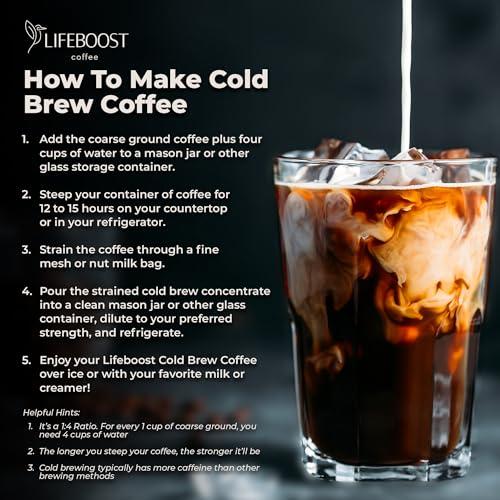 LIFEBOOST Lifeboost Dark Cold Brew Coffee - Low Acid Coarse Ground Coffee for Cold Brew - Single Origin Non-GMO USDA Organic Cold Brew Coffee Grounds - 3rd Party Tested For Mycotoxins & Pesticides - 12 Ounces