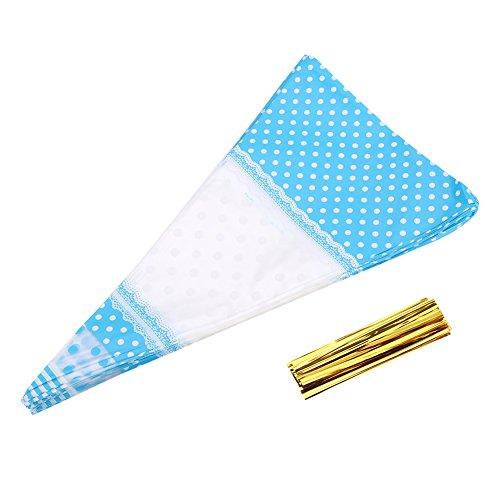 Kuuleyn Cone Shaped Cellophane Treat Bags, Cellophane Cone Bags, 50 Packs Festival Clear Cone Shaped Treat Popcorn Bags Cellophane Candy Bags with Twist Tie (Blue, 4 Silk * 17cm * 30cm)