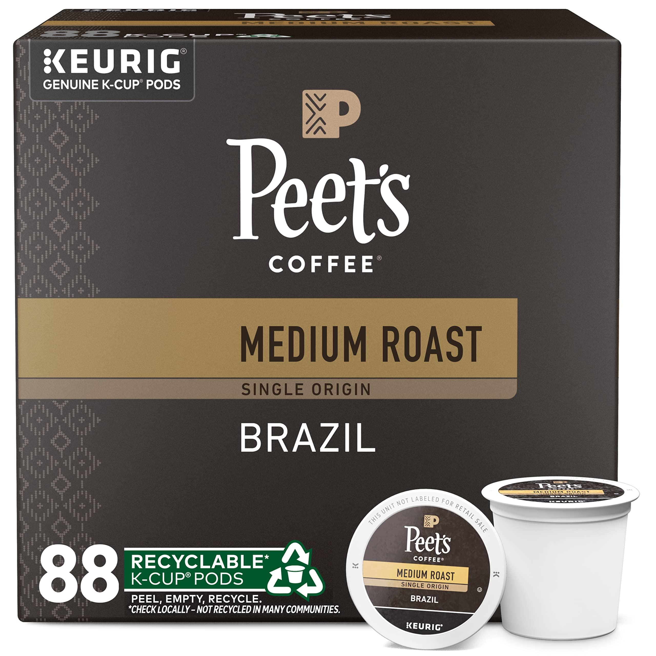 Peet's Coffee Peet\'s Coffee, Medium Roast Keurig K-Cup Pods - Single Origin Brazil 88 Count (4 Boxes of 22 K-Cup Pods)
