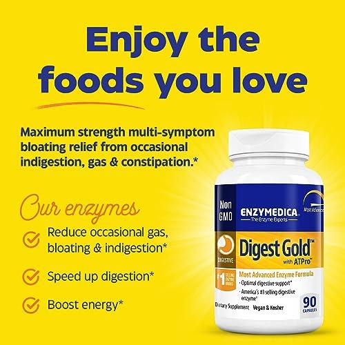 Enzymedica Enzymedica Digest Gold + ATPro Maximum Strength Digestive Enzymes | Prevents Bloating Gas & Indigestion, Natural Digestion Support, Multi Enzyme Amylase, Protease, Lipase & Lactase, 90 Capsules