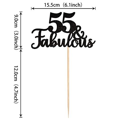 ZHUOWEISM 1 PCS 55 & Fabulous Cake Topper Glitter Fifty Five and Fabulous Cake Toppers Happy 55th Birthday Cake Pick for 55th Wedding Anniversary Birthday Party Cake Decorations Supplies Black