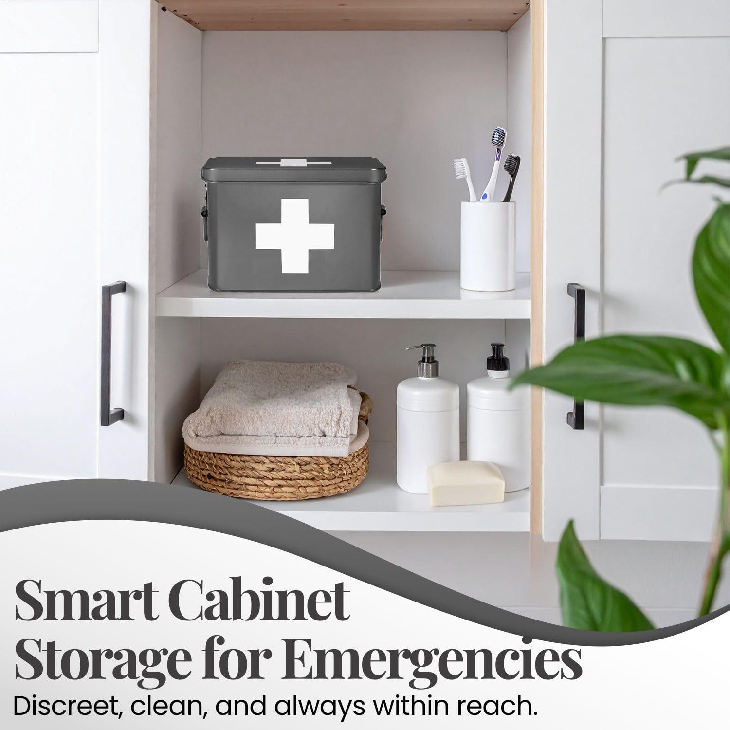 Flexzion Flexzion First Aid Box Organizer, Empty 8.5 Inch Gray Vintage First Aid Kit Tin Metal Medical Box First Aid Storage Box Container Bins with Dividers, Removable Tray and Cross Logo