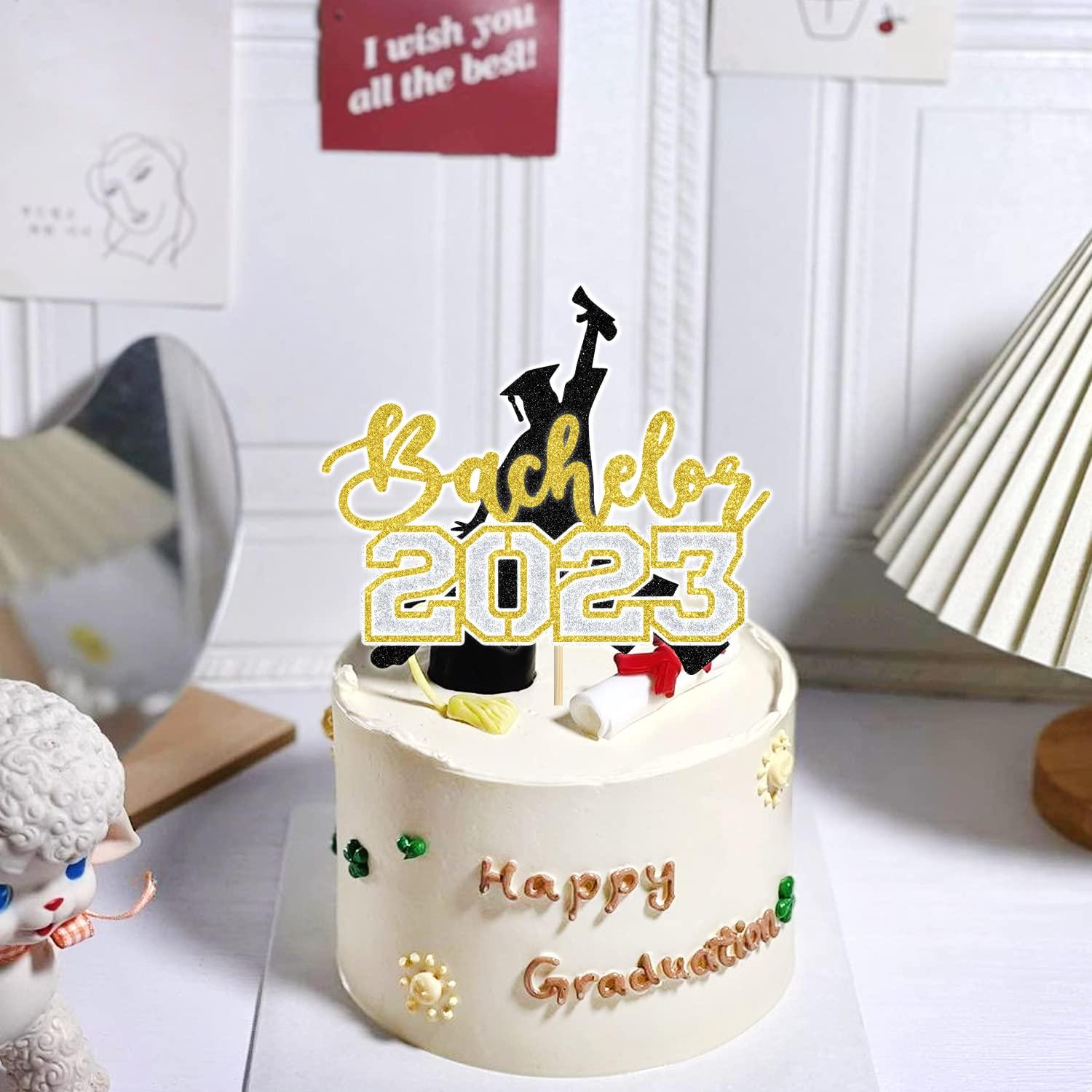 Aeryourtar Congrats Bachelor Cake Topper, 2023 Graduation Cake Topper, Congrats Grad Cake Decorations, College Graduation Party Decorations Supplies, Gold and Black Glitter