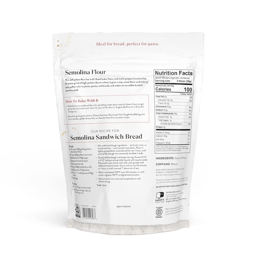 King Arthur King Arthur Premium Semolina Flour: Coarse Ground, High Protein Durum Wheat for Perfect Pasta, Pizza, and Bread Making - Kosher, 3 lbs Resealable Bag, USA-Grown Wheat, Versatile Baking Ingredient