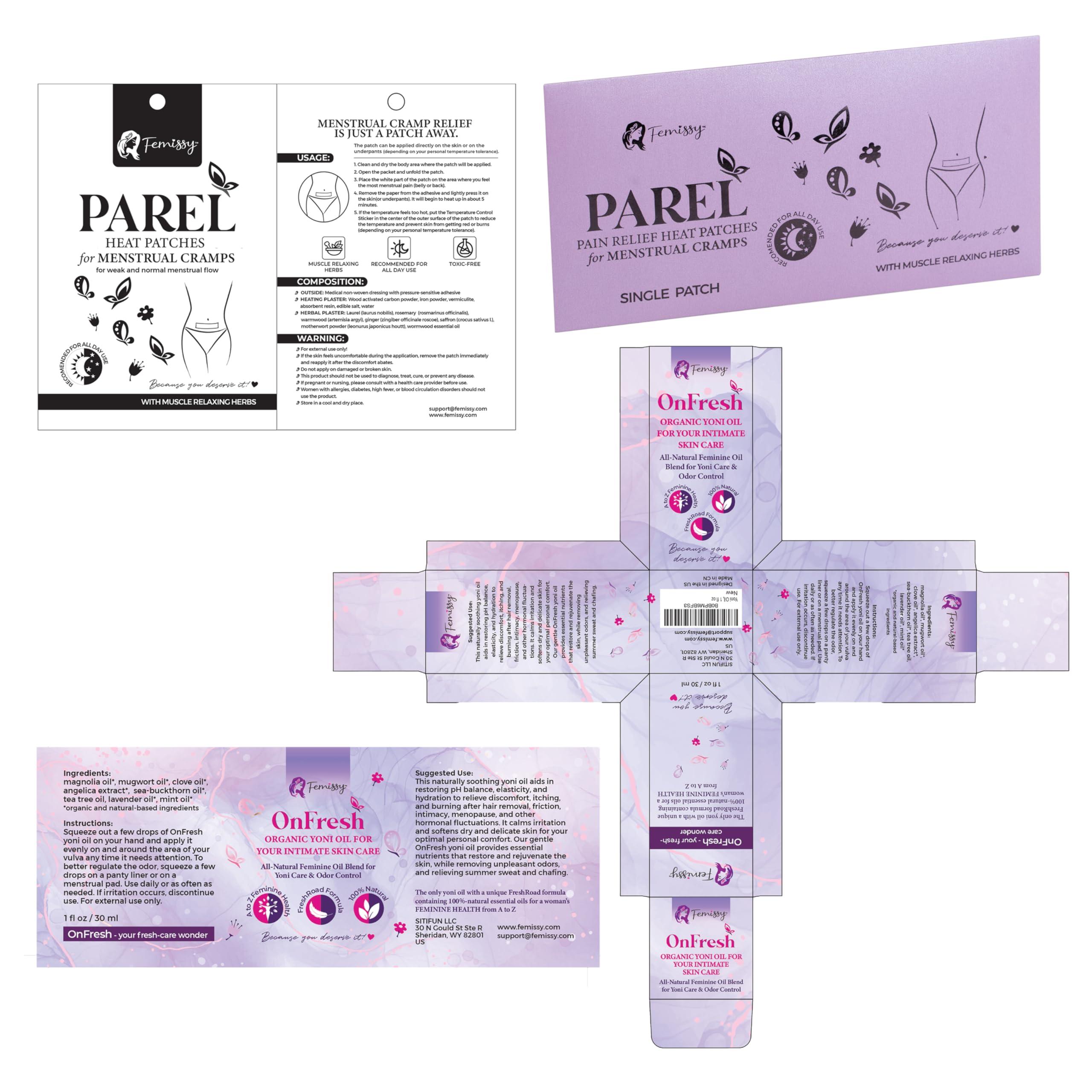Femissy Heat Patches for Menstrual Cramps Based on Flow Strength, 1 Single Patch for Weak & Normal Flow + Natural Yoni Vulva Oil for Women PH Balance & Dryness (1 fl oz) Sensitive Skin Herbal Moisturizer