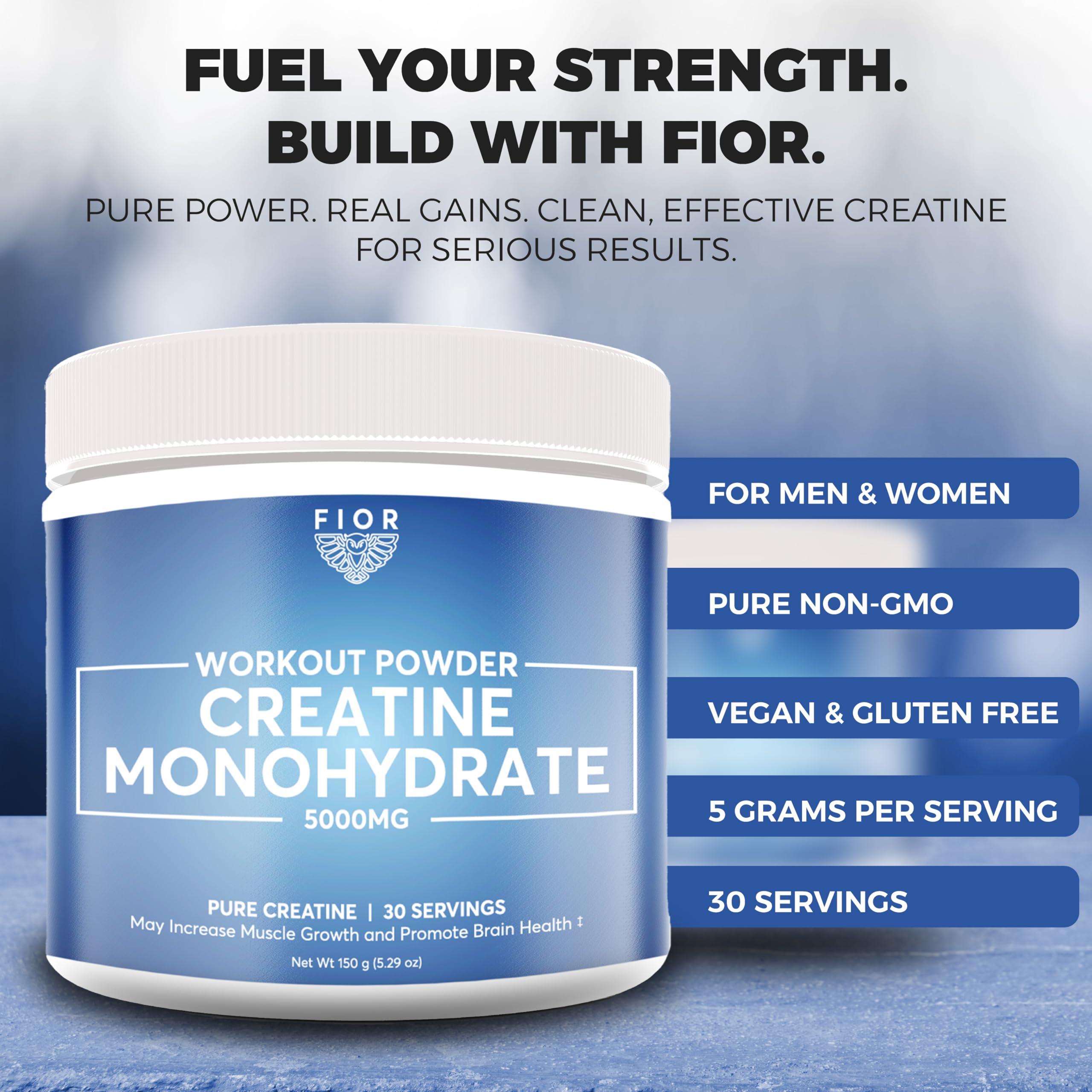 FIOR FIOR Pure Creatine Monohydrate Powder - Micronized Creatine for Men & Women, Pure Non-GMO, Vegan & Gluten Free Creatine Powder, 5 Grams per Serving, 30 Servings