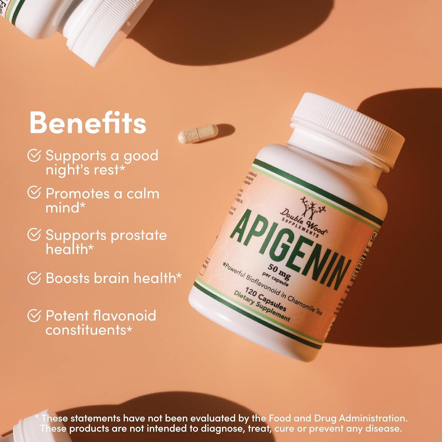 Double Wood Supplements Apigenin Supplement - 50mg per Capsule, 120 Count (Powerful Bioflavonoid Found in Chamomile Tea for Relaxation, Sleep, and Mood) Senolytic Flavonols for Aging (Gluten Free) by Double Wood
