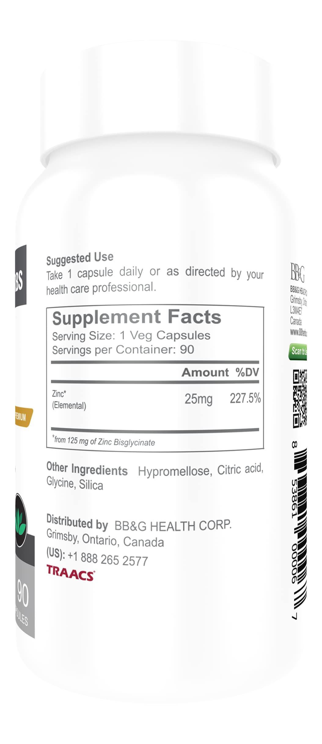 88herbs Zinc Bisglycinate Highest Absorption Non Buffered Premium Grade - 90 Veg Caps 25 mg (Elemental Zinc)