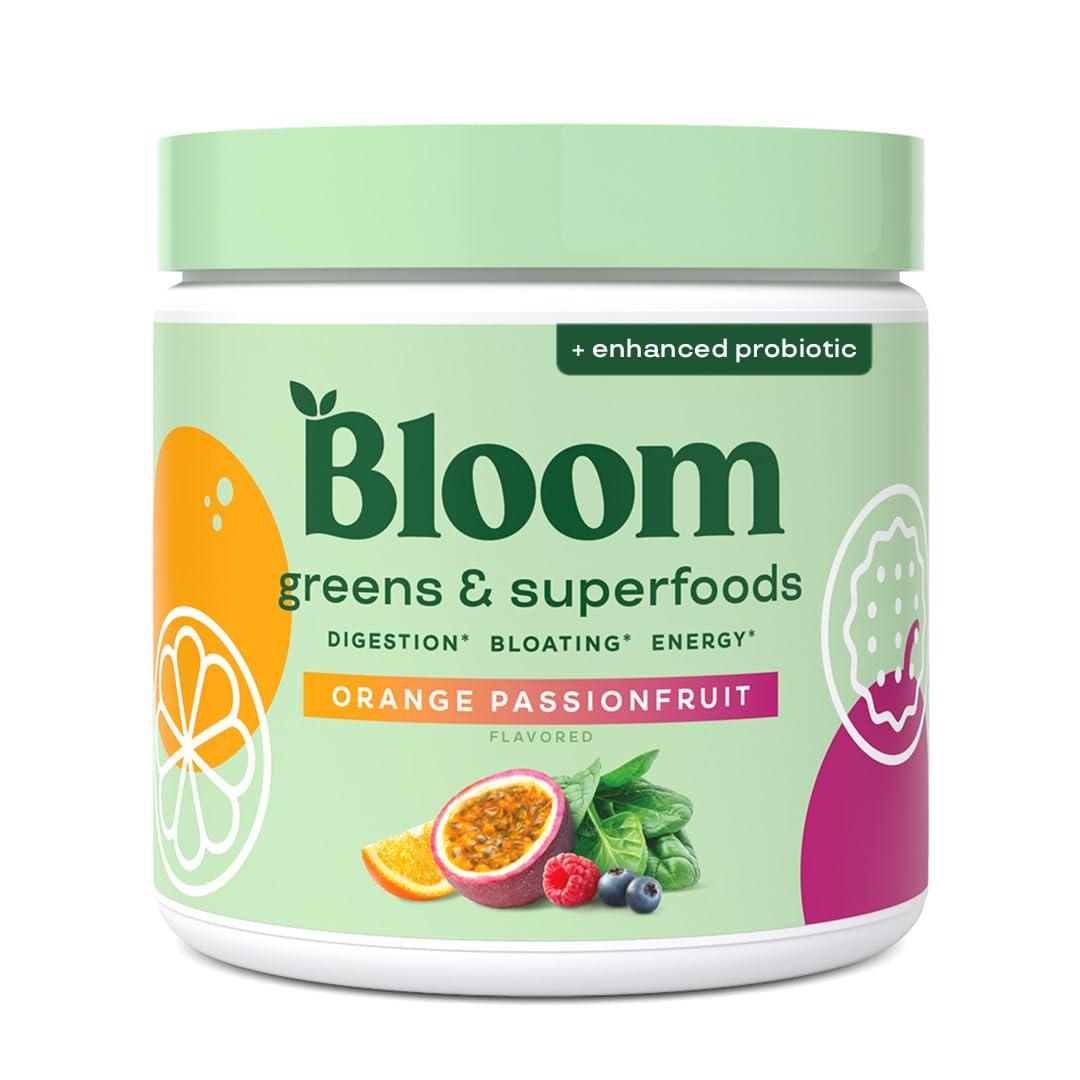 Bloom Nutrition Bloom Nutrition Superfood Greens Powder, Digestive Enzymes with Probiotics and Prebiotics, Gut Health, Bloating Relief for Women, Chlorella, Juice Mix w/Beet Root Powder, 30 SVG, Orange Passionfruit