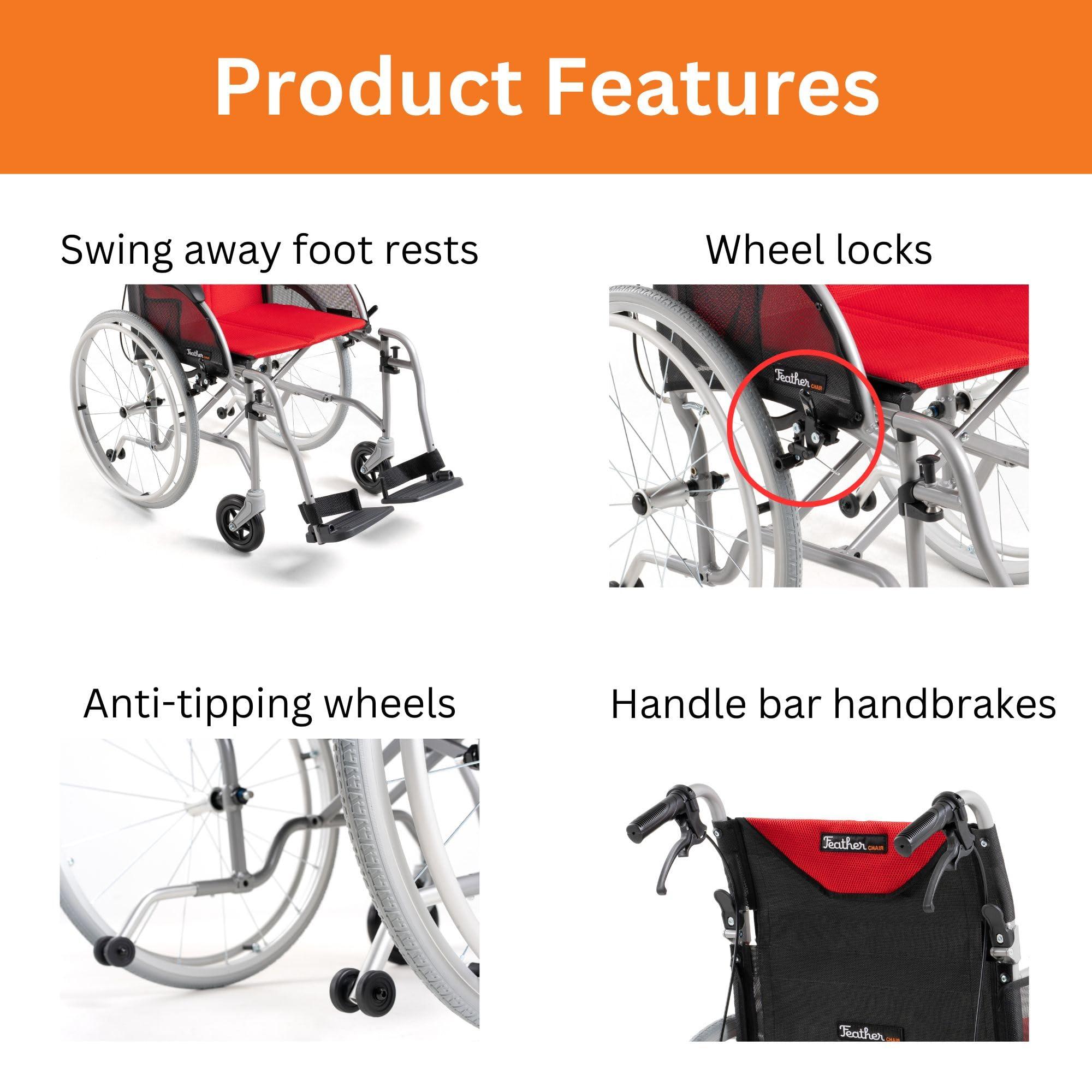 FeatherMobility Feather Mobility - Red Cushion 13.5lb Silver Frame Lightweight Folding Wheelchair - with Swingaway Legrests, Anti-tippers, and Quick Release Wheels