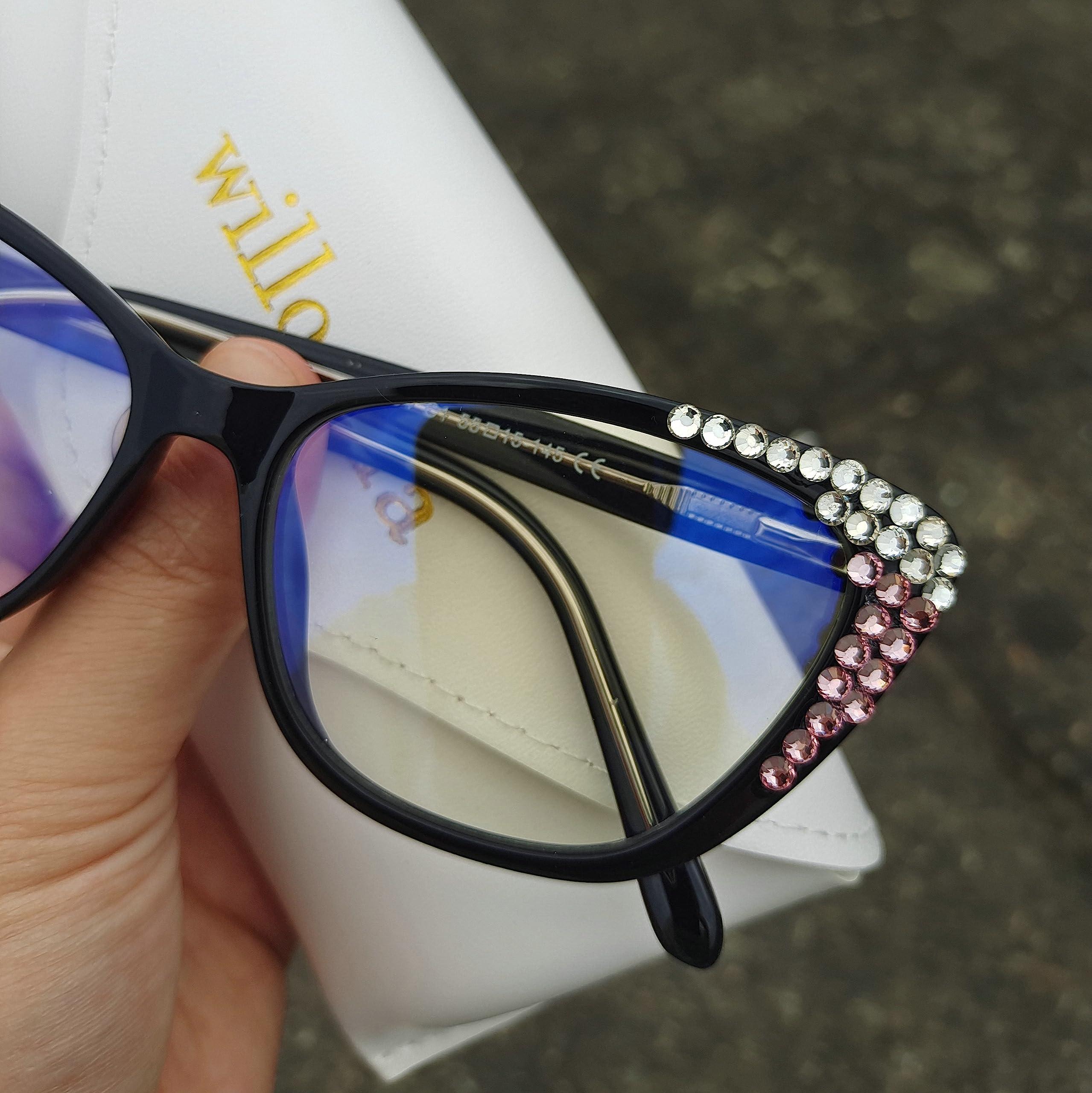 willochra willochra cat eye Bling Rhinestone Reading Glasses For Women Fashion Blue Light Blocking Reading Reader Computer Eyeglass (black, 1.25, multiplier_x)