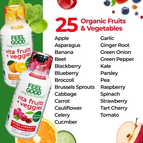 FeelGood Superfoods FeelGood Superfoods Vita Fruits and Veggies Immune Support Shot Supplements, 25 Organic Fruits and Veggies, Ready to Drink Immunity Booster, Orange and Fruit Punch Flavor, Combo Pack of 20