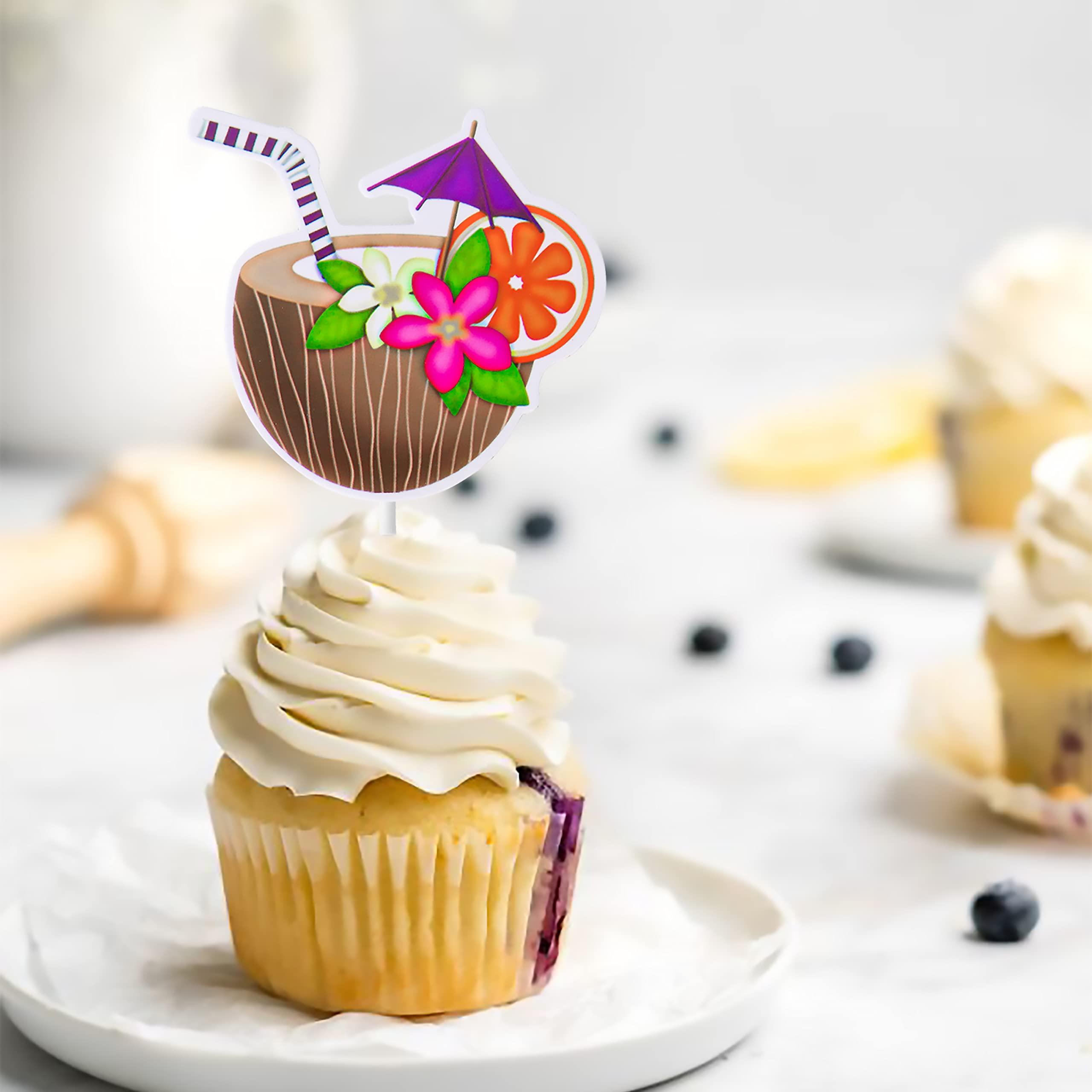 C L cooper life 32 Pcs Hawaii Aloha Luau Cupcake Toppers Hawaiian Tropical Summer Theme Birthday Party Cake Decorations with Palm Leaves Flamingo Tiki Coconut Pattern
