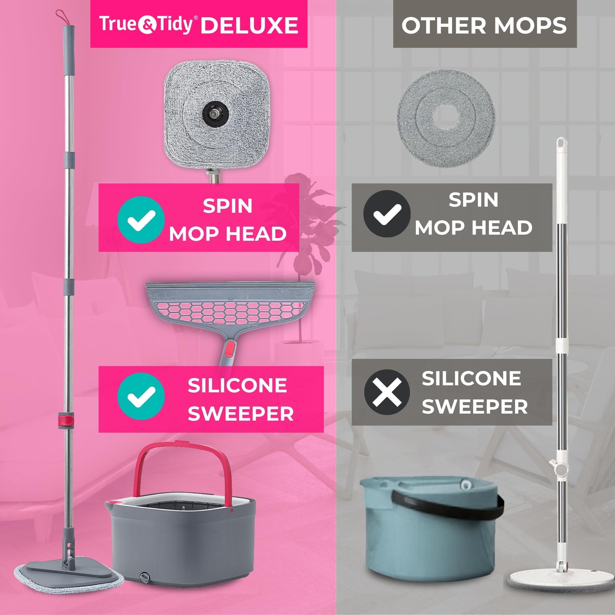 True & Tidy Heavy Duty Square Spin Mop for Floor Cleaning, Separate Compartment for Clean and Dirty Water, Use Any Cleaning Solution, Self Cleaning, Machine Washable Mop Pads