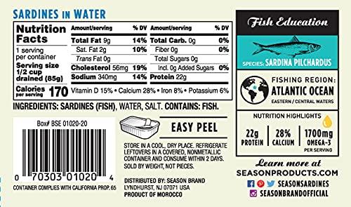 SEASON Season Sardines in Water – Wild Caught Fish, 22g of Protein, Keto Snacks, More Omega 3's Than Tuna, High in Calcium, Canned Sardines – 4.37 Oz Tins, 12-Pack