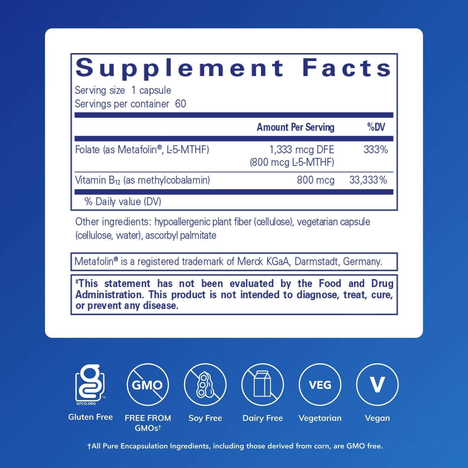 Pure Encapsulations Pure Encapsulations B12 Folate - Energy Supplement to Support Nerves, Energy Metabolism & Cognitive Support* - with Vitamin B Folate as Metafolin - 60 Capsules