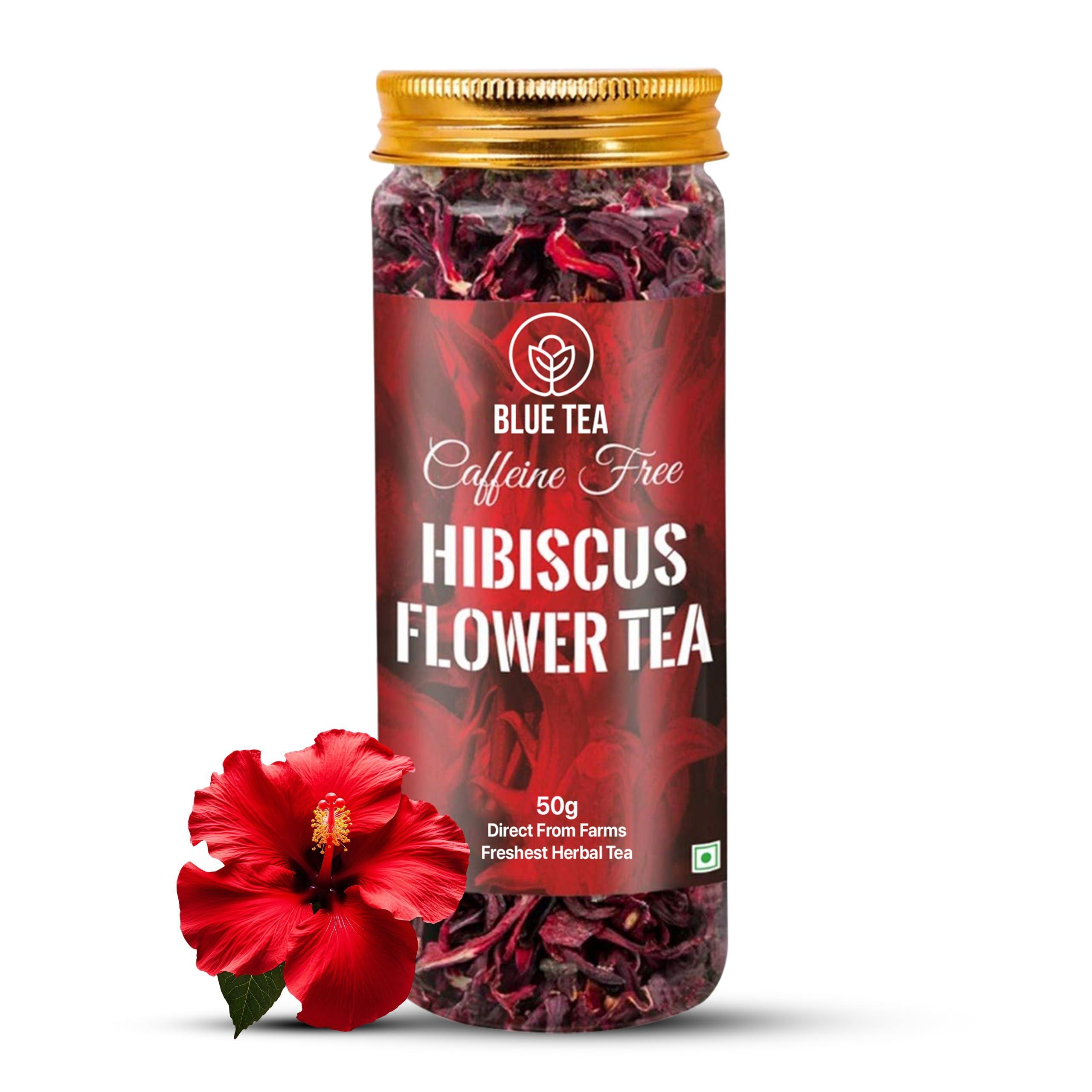 BLUE TEA BLUE TEA - Hibiscus Tea - 1.76 Oz (50+ Cups) Loose | SKIN GLOW ENHANCING TEA | Herbal Tea - Flower Based - Non-Bitter - Caffeine Free - Tangy Flavour - Vegan | Reusable Pet Jar
