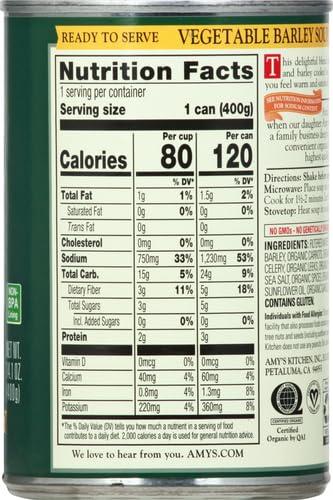 Amy's Amys Soup, Vegan Vegetable Barley Soup, Low Fat, Made With Organic Tomatoes, Carrots and Celery, Canned Soup, 14.1 Oz