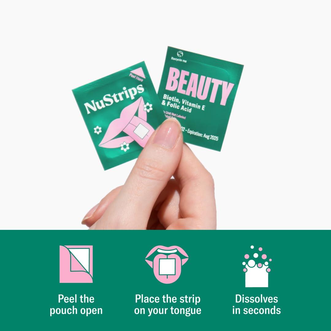 NuStrips NuStrips Beauty | Strawberry Flavored Oral Strips with Biotin, Folate and Vitamin E | Vitamins for Hair, Skin & Nails | Maximum Absorption, Fast Results | 30 Individually Wrapped Strips
