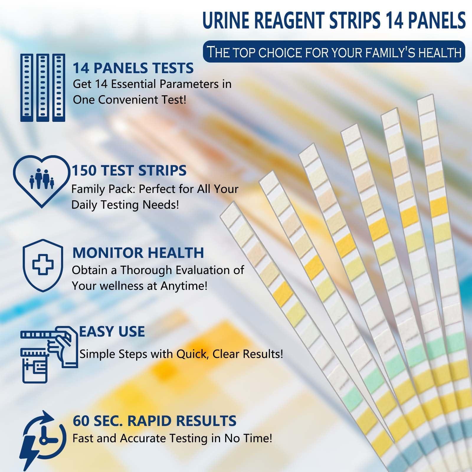 InsTesio 14-Panel Urine Test Strips - 150ct, Comprehensive Urinalysis for Men & Women, Detects UTI, pH, KET, Prot, SG, BIL, GLU, CRE, BLO, and More - Ideal for Home Use