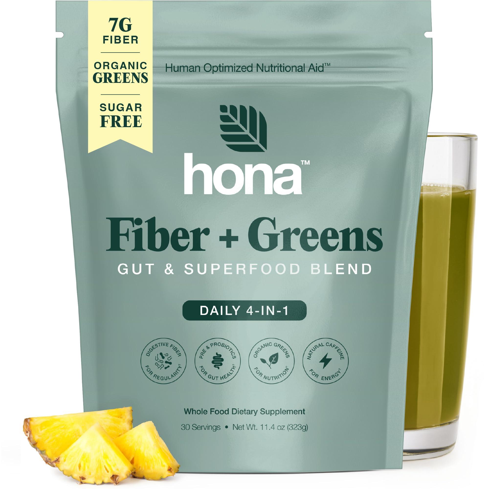 Hona Fiber + Greens Hona Fiber + Greens, Gut & Superfood Blend, Greens Powder with Prebiotics, Probiotics, Fiber & Natural Caffeine, Gluten Free, Sugar Free, Dairy Free, Vegan, Non GMO Greens Superfood Powder, 30 Srvgs
