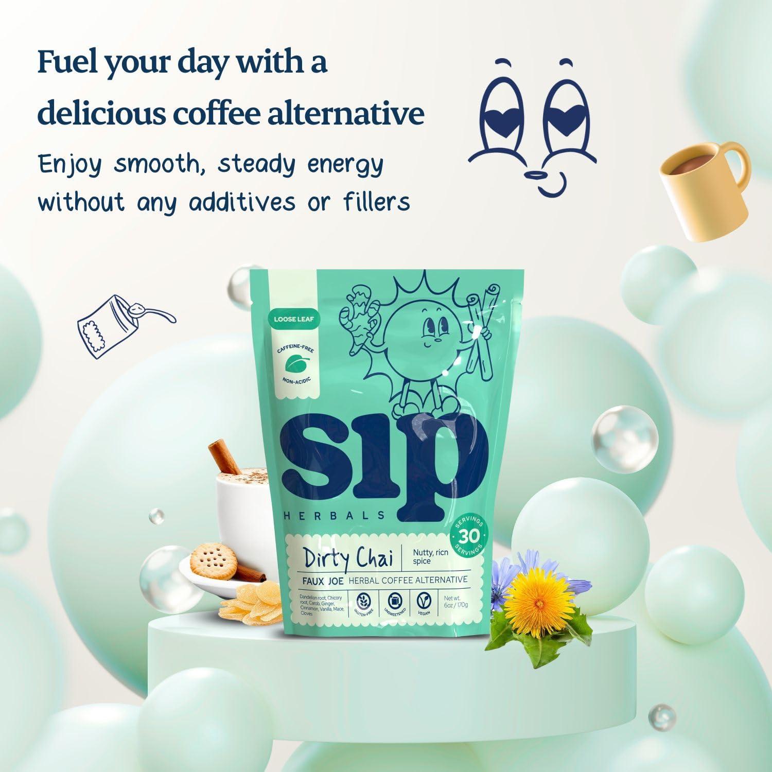 Sip Herbals Sip Herbal Coffee Alternative Herbal Tea - Boost Energy & Focus - Caffeine Free Organic Coffee Substitute Made with Carob, Dandelion, Chicory - Dirty Chai Roast (30 Servings) - Loose Leafs