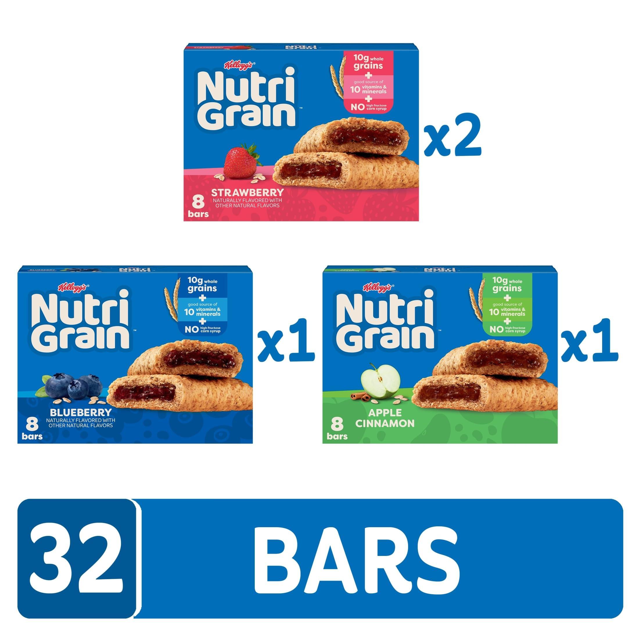 Nutri Grain Nutri-Grain Soft Baked Breakfast Bars, Made with Whole Grains, Kids Snacks, Variety Pack (4 Boxes, 32 Bars)