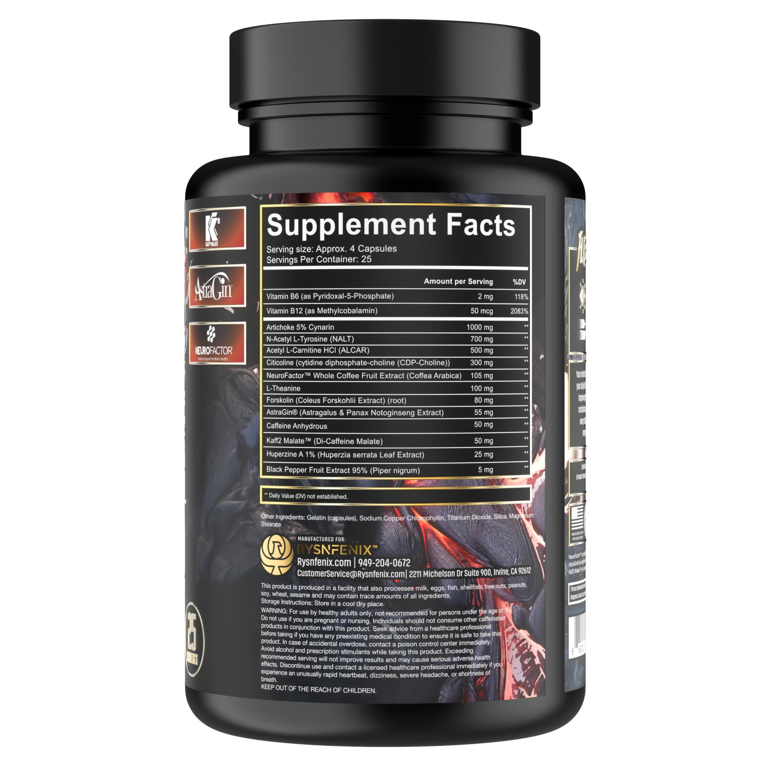 RysnFenix RysnFenix Fenix Focus Advanced Nootropic Brain Health, Memory, Focus Supplement - Fast & Slow Caffeine + Theanine & B12 - Less Brain-Fog - Brain Boost - Artichoke, Tyrosine, Choline - 100 Capsules